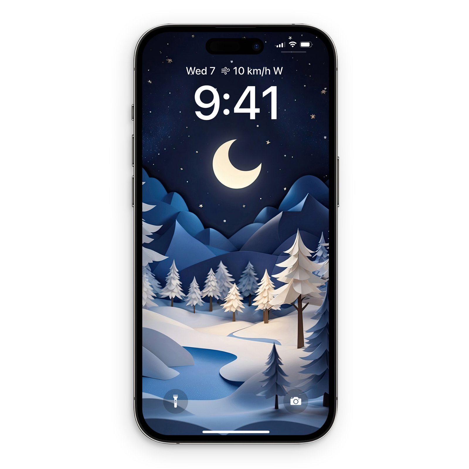 An iPhone 15 Pro mockup displaying the Winter Moonlight Paper Art Wallpaper on its lock screen with time 9:41.