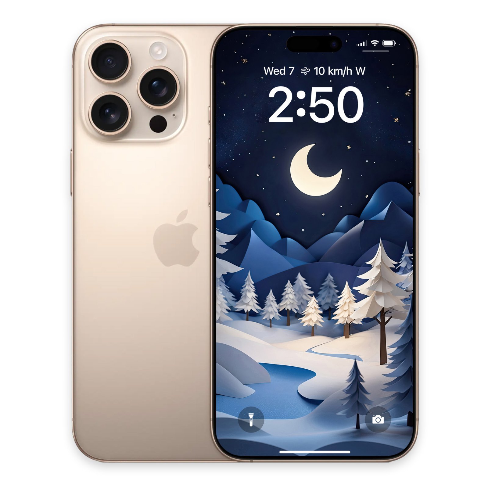 A gold iPhone 15 Pro mockup displaying the Winter Moonlight Paper Art Wallpaper on its lock screen with time 2:50.