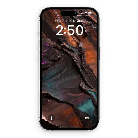 A black iPhone displaying a digital wallpaper with a rugged, metallic-looking landscape in dark charcoal, burnt umber, and iridescent teal, fuchsia, and violet.