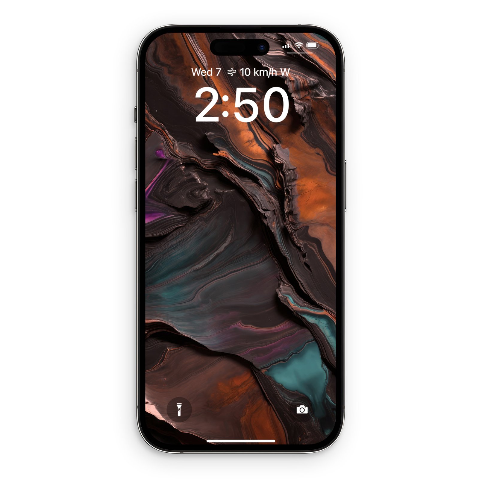 A black iPhone displaying a digital wallpaper with a rugged, metallic-looking landscape in dark charcoal, burnt umber, and iridescent teal, fuchsia, and violet.