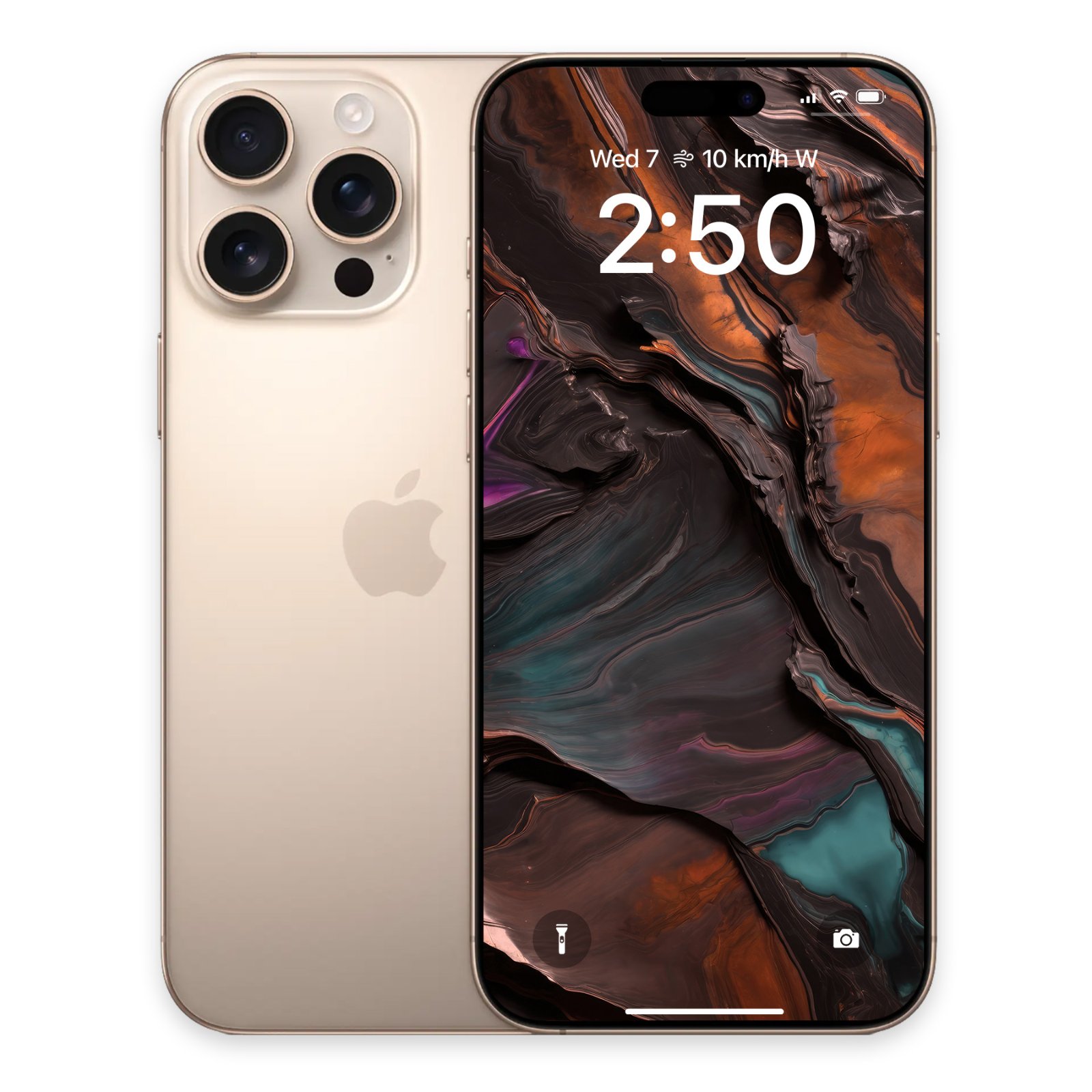 A gold iPhone with the Desert Titanium Aurora Phone Wallpaper displayed on its screen, seen from the front and back.
