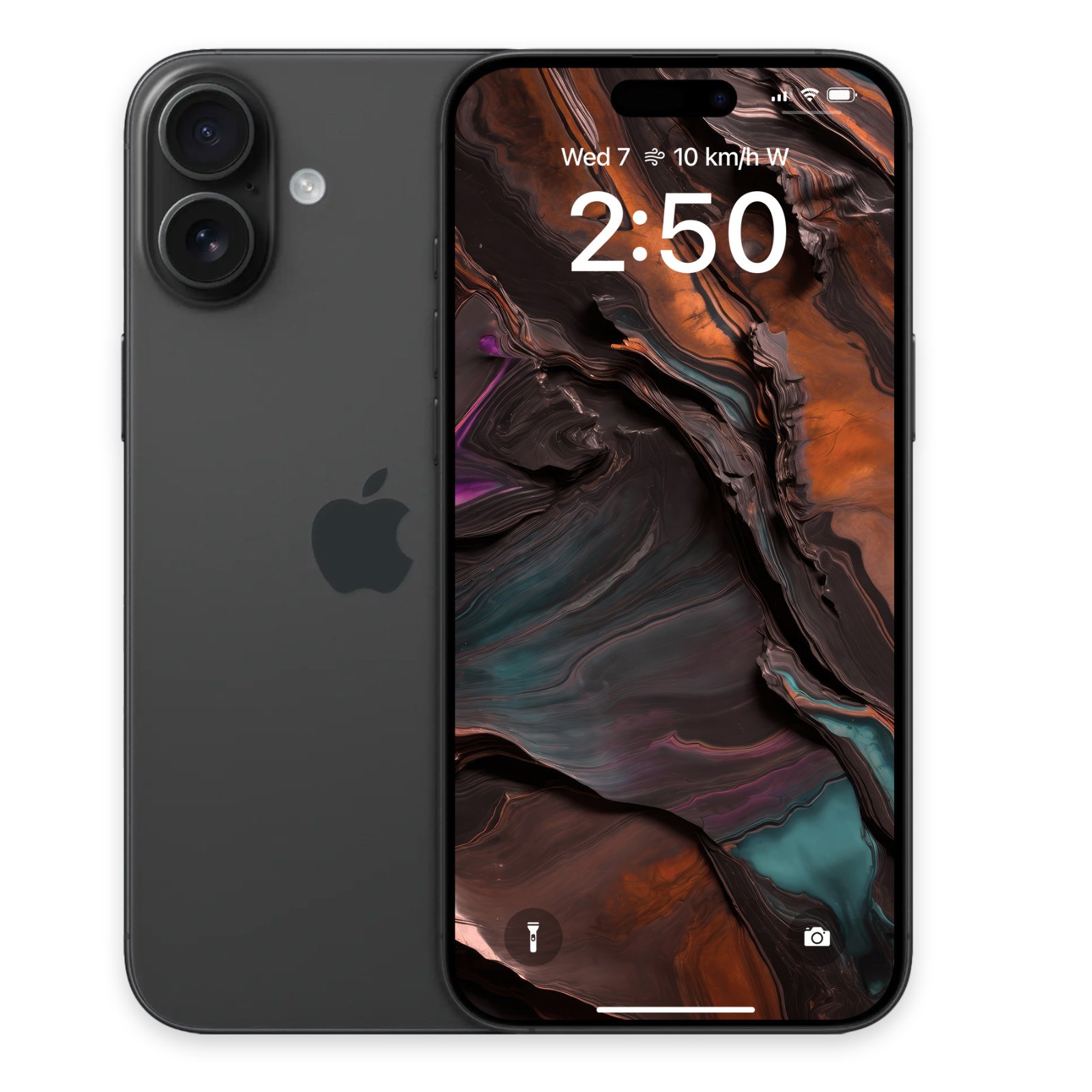 A dark grey iPhone with the Desert Titanium Aurora Phone Wallpaper displayed on its screen, seen from the front and back.