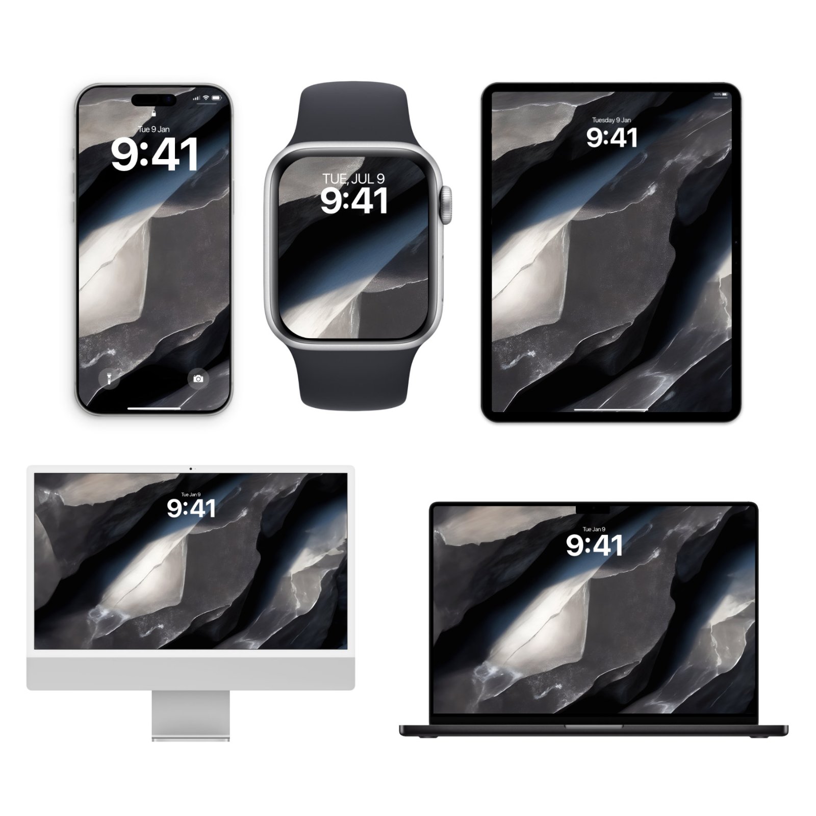 A set of five Apple devices including an iPhone, Apple Watch, iPad, iMac, and MacBook displaying matching raw titanium and graphite stone textured wallpapers.