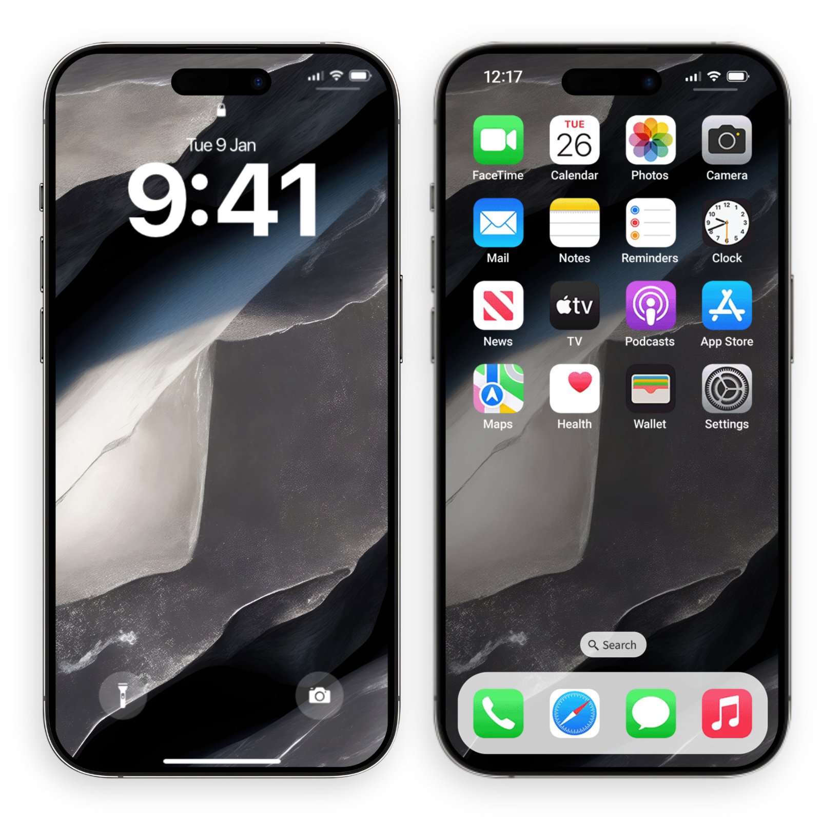 Two silver iPhones side by side, one showing a lock screen and one showing a home screen with a raw titanium mineral wallpaper.