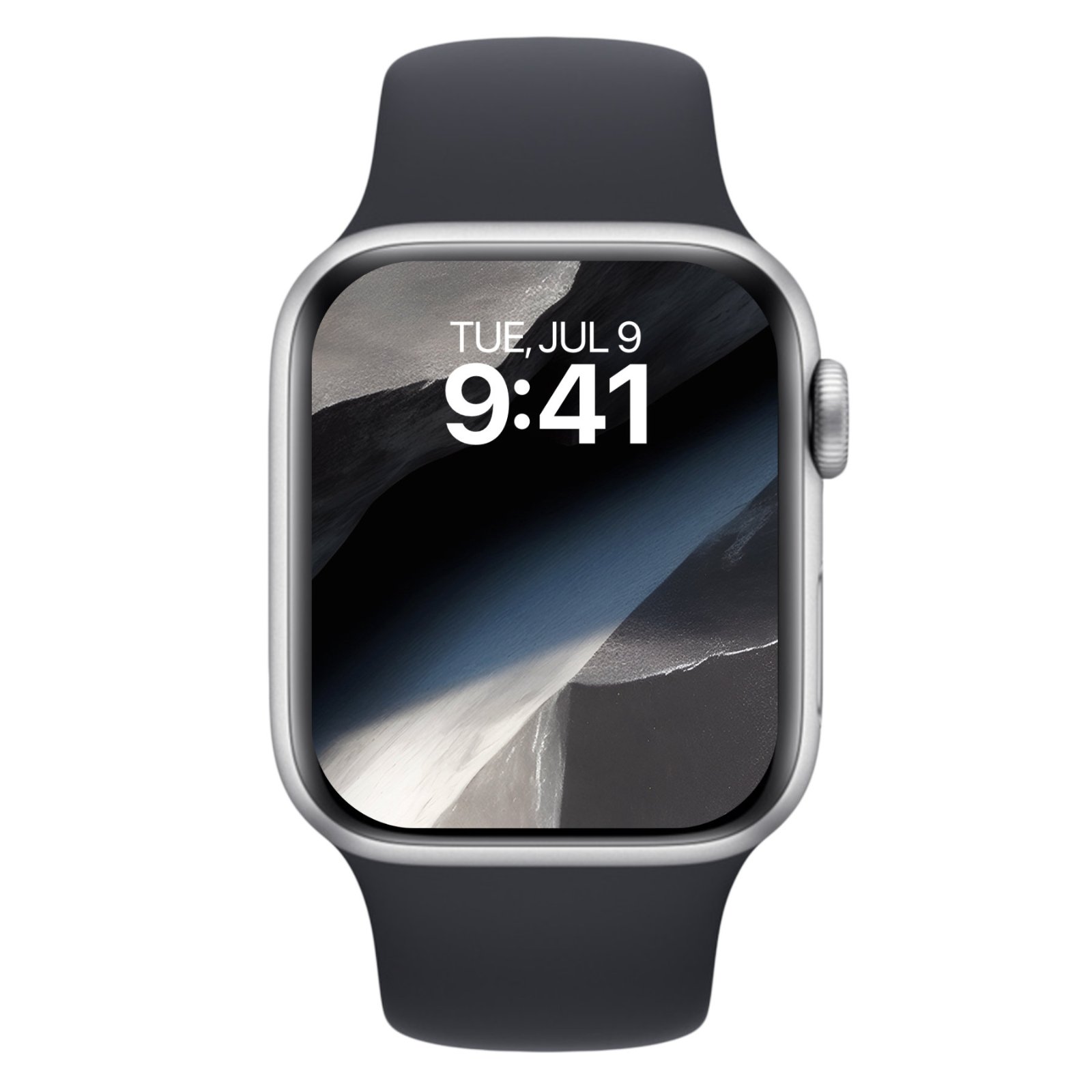 An Apple Watch with a grey band displaying a chiseled graphite and raw titanium textured watch face.