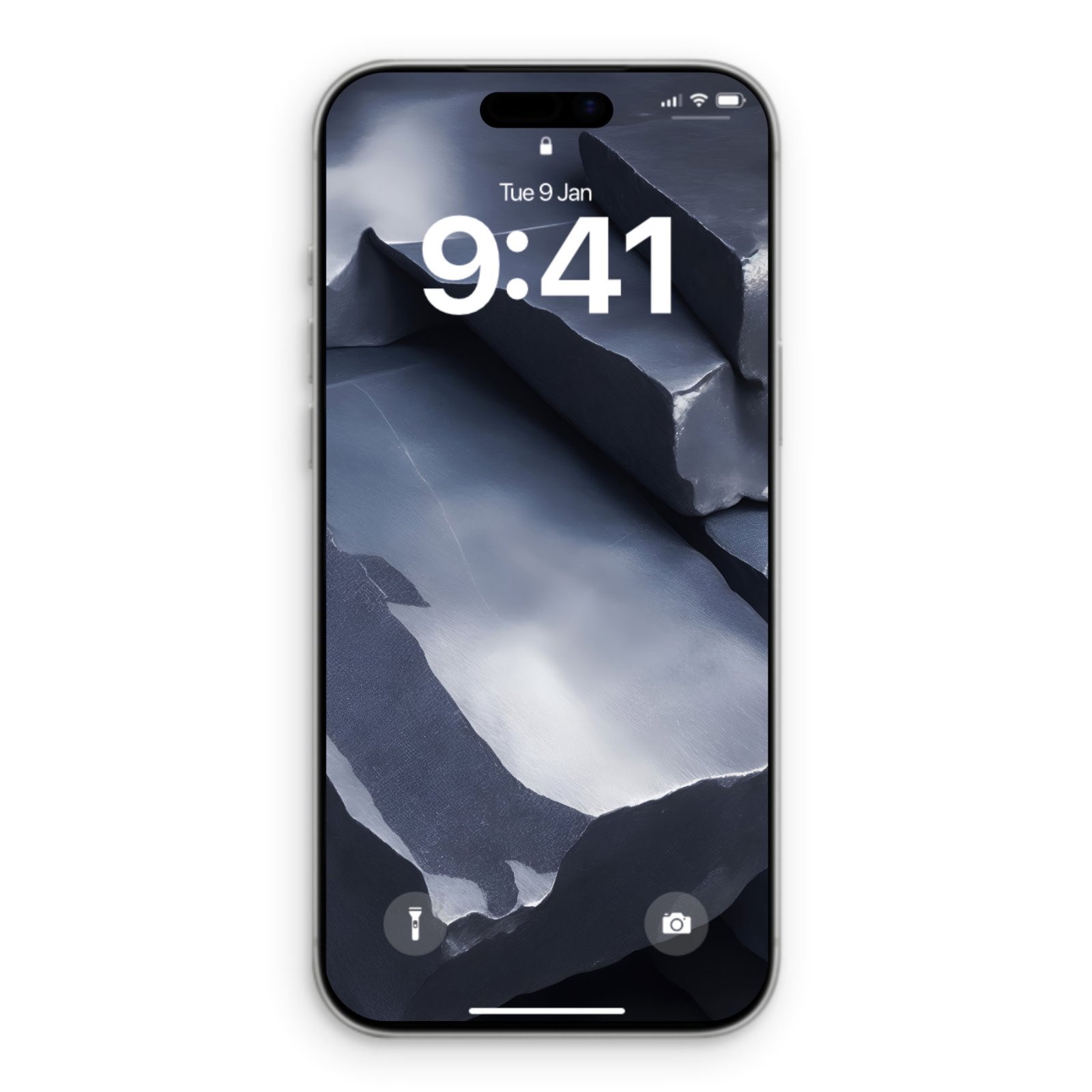 An iPhone lock screen displaying a dark blue raw titanium metallic wallpaper with time displayed in white text.