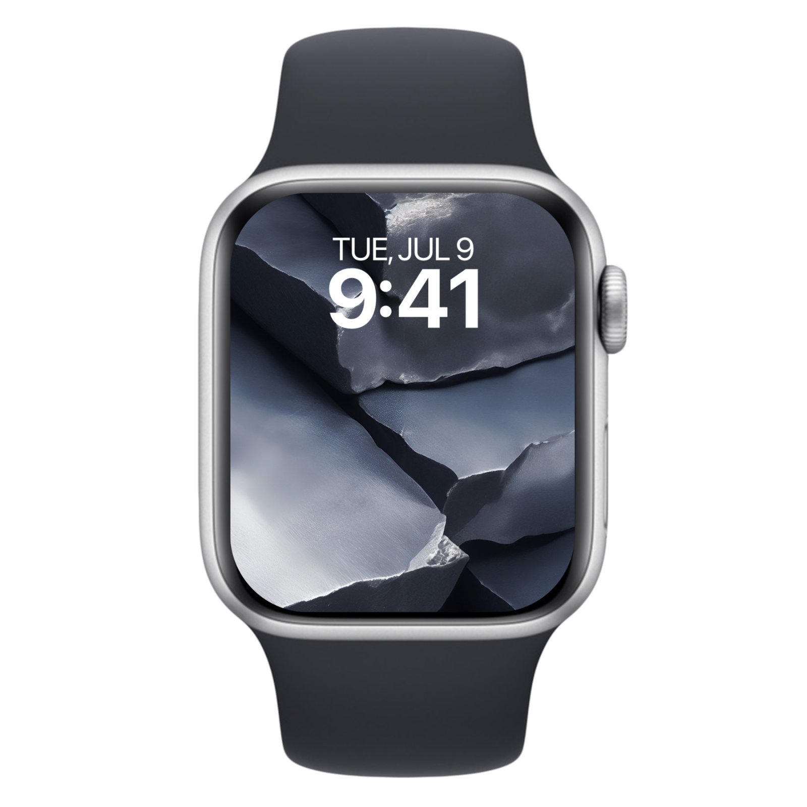 An Apple Watch face displaying a close-up texture of chiseled dark blue raw titanium.