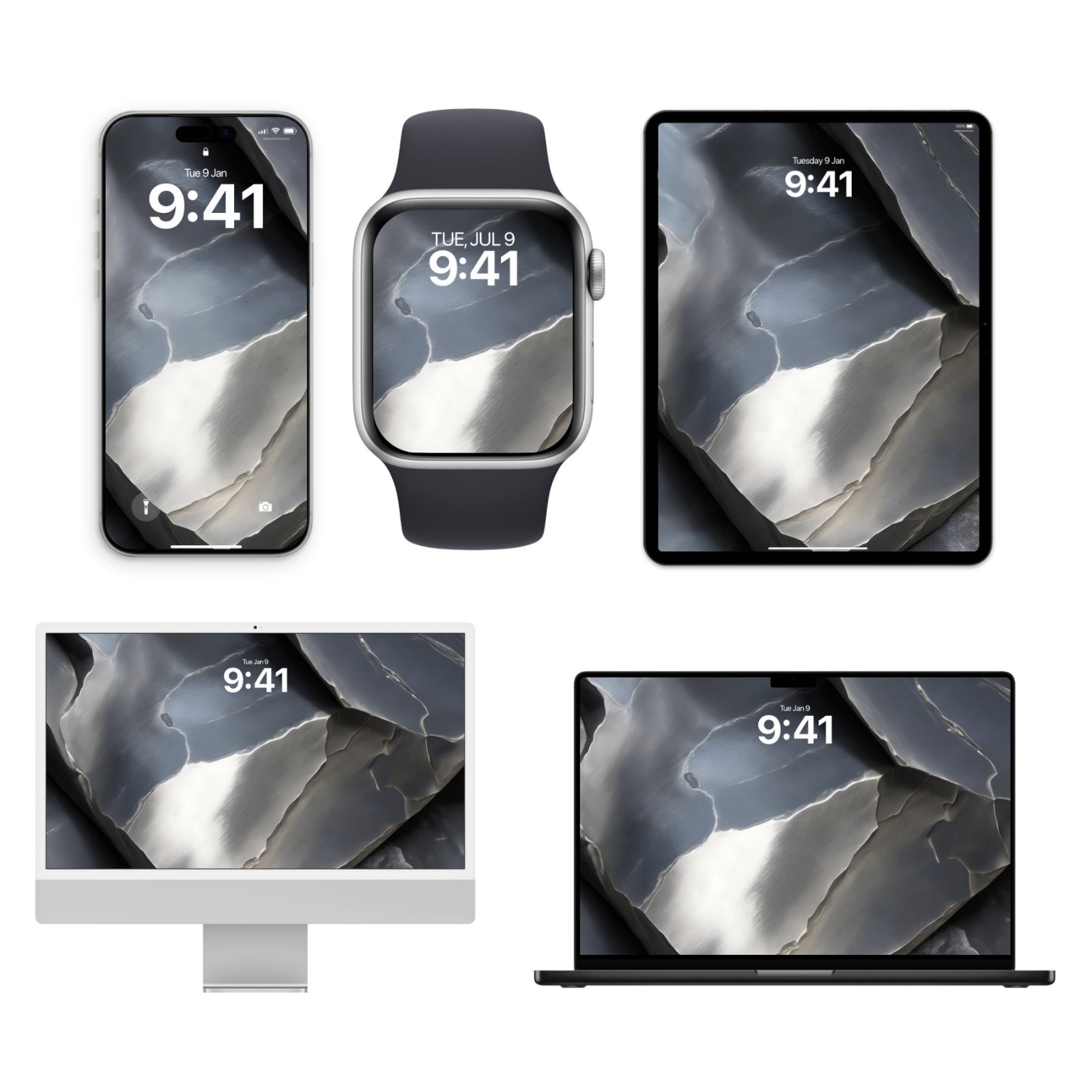 Five Apple devices: an iPhone, Apple Watch, iPad, iMac, and MacBook, all displaying a wallpaper that features fractured planes of dark gray, bright white, and silvery metallic textures.