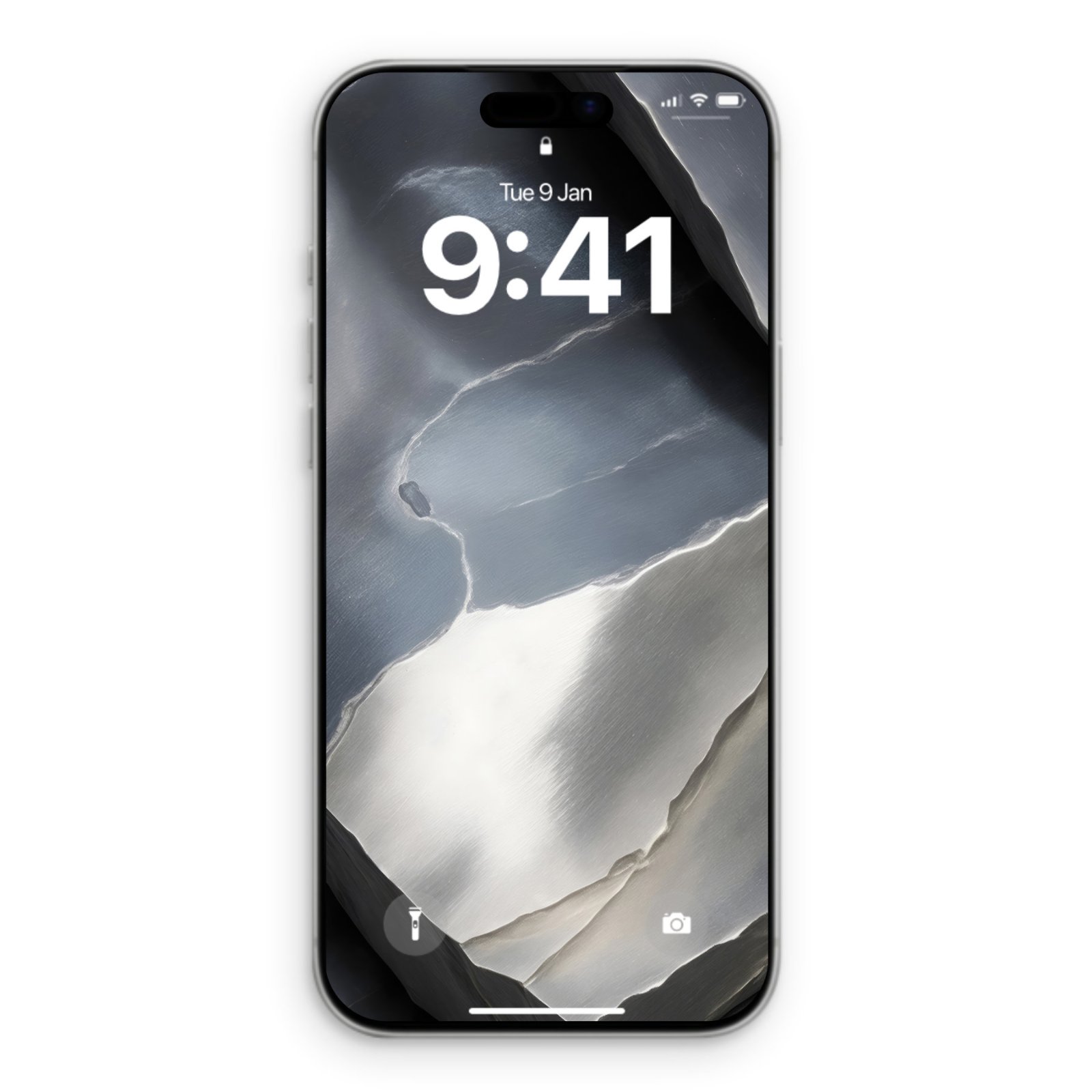 An iPhone displaying a wallpaper that features fractured planes of dark gray, bright white, and silvery metallic textures.