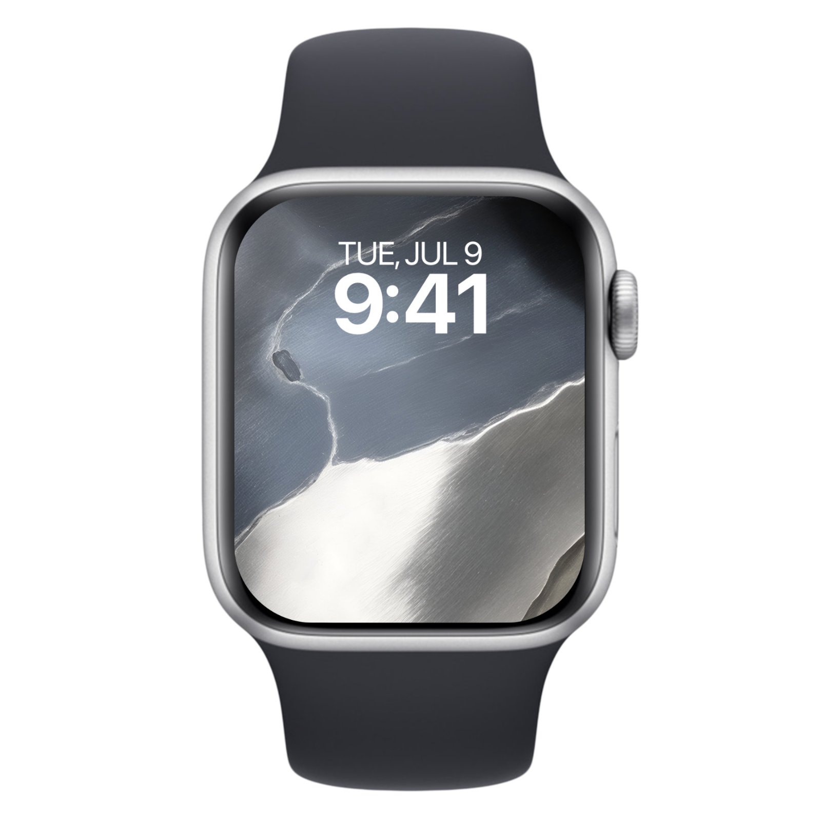 An Apple Watch displaying a wallpaper that features fractured planes of dark gray, bright white, and silvery metallic textures.