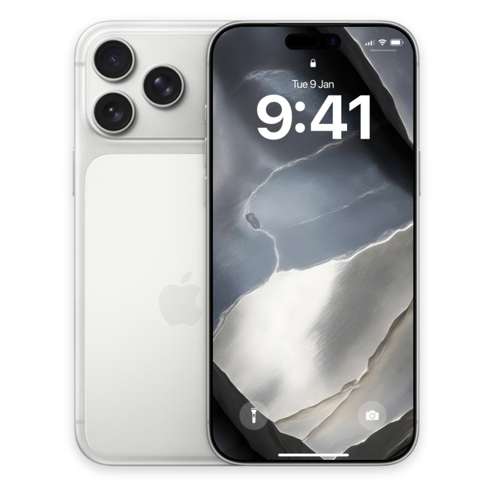 A white iPhone with its back facing the viewer next to a silver iPhone displaying a lock screen with a white raw titanium metallic wallpaper.
