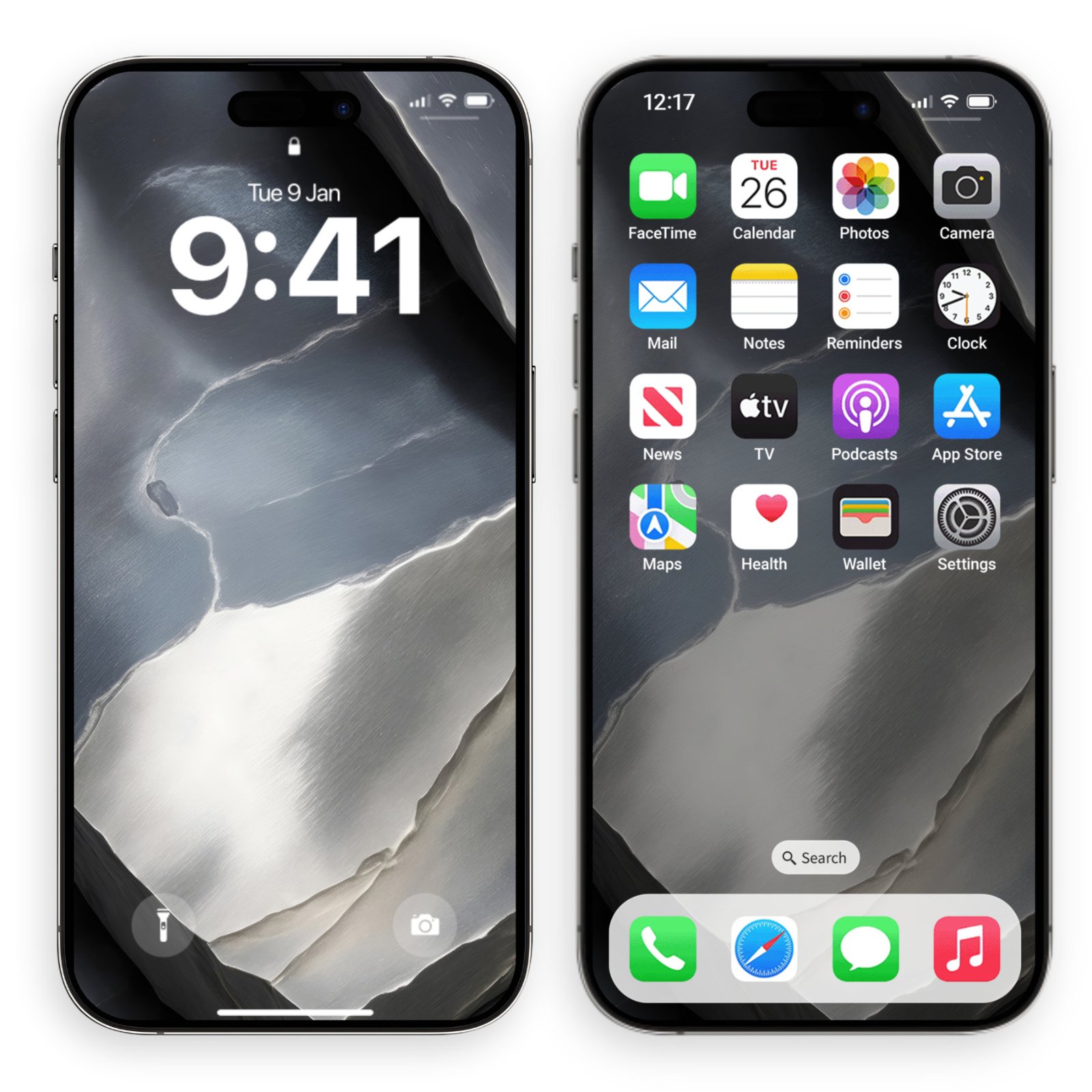 A silver iPhone showing both the lock screen and home screen, featuring a white raw titanium metallic wallpaper with chiseled graphite and cool gray tones.
