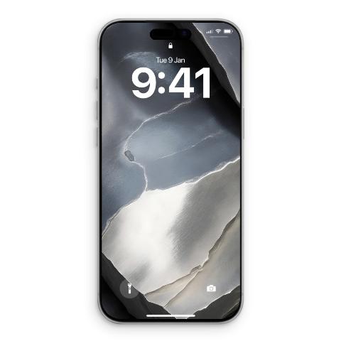 A silver iPhone with a lock screen displaying a white raw titanium metallic wallpaper with chiseled graphite and cool gray tones.