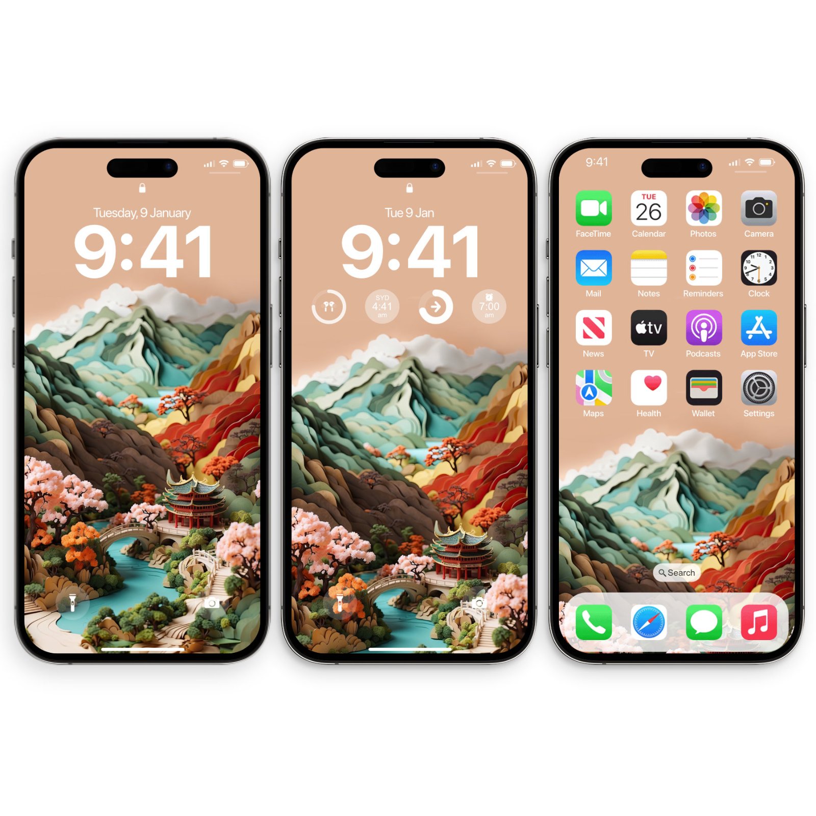 Three iPhone smartphones side by side showing lock screens and a home screen with a papercraft Oriental landscape wallpaper.