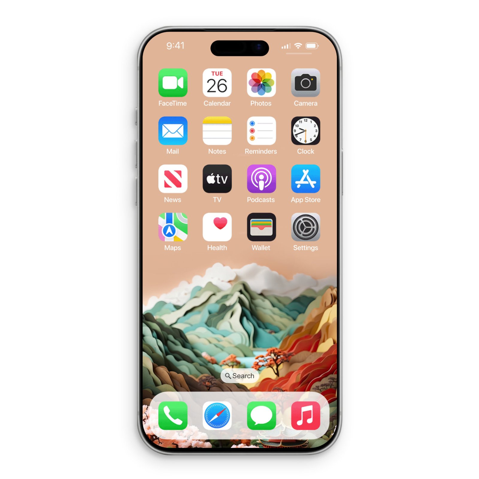 An iPhone home screen displaying app icons over a layered papercraft landscape wallpaper.