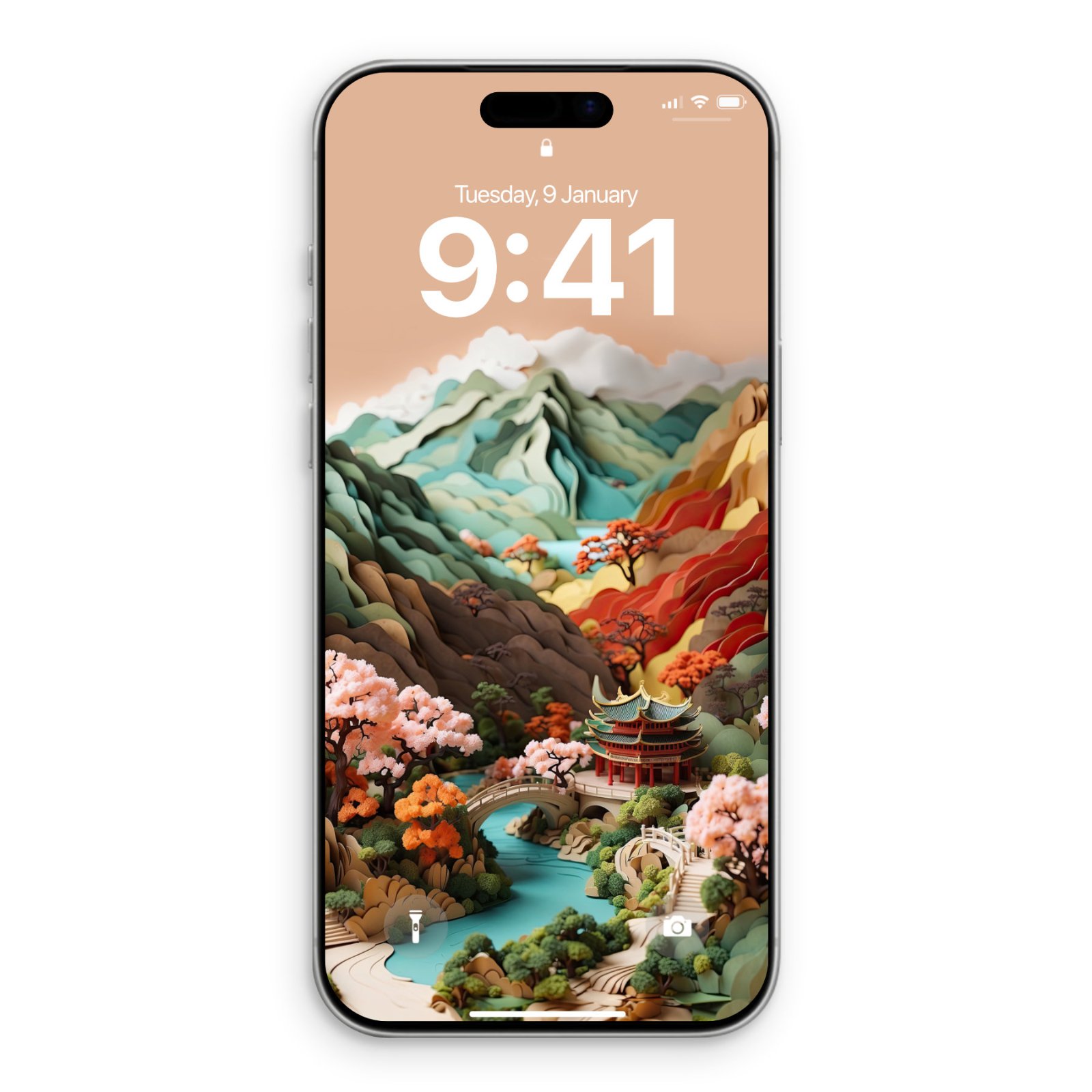 An iPhone displaying a papercraft Oriental landscape lock screen with mountains, cherry blossoms, and a pagoda.