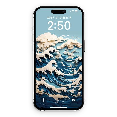 An iPhone screen displaying a 3D papercraft version of Hokusai's Great Wave Off Kanagawa wallpaper with blue waves and white paper crests under a blue sky.