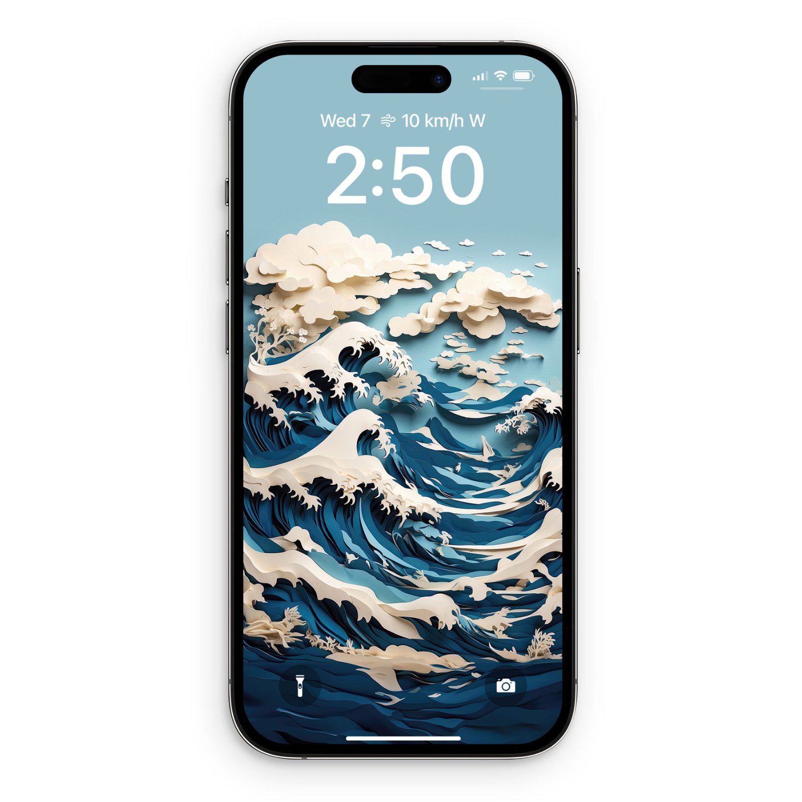 An iPhone screen displaying a 3D papercraft version of Hokusai's Great Wave Off Kanagawa wallpaper with blue waves and white paper crests under a blue sky.