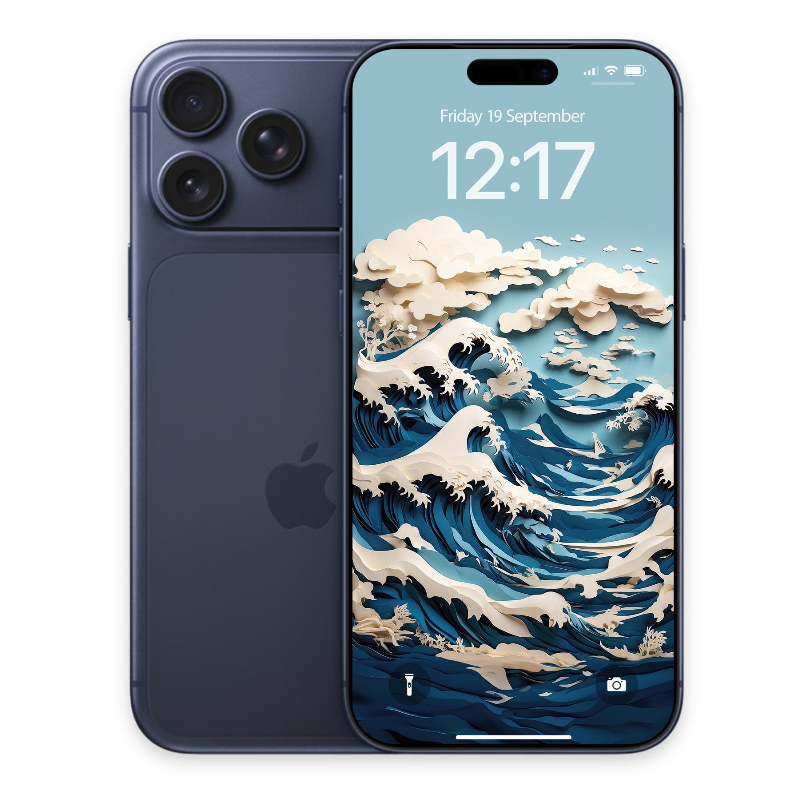 A dark blue iPhone Pro showing the front and back view with the papercraft Great Wave wallpaper set on the display.