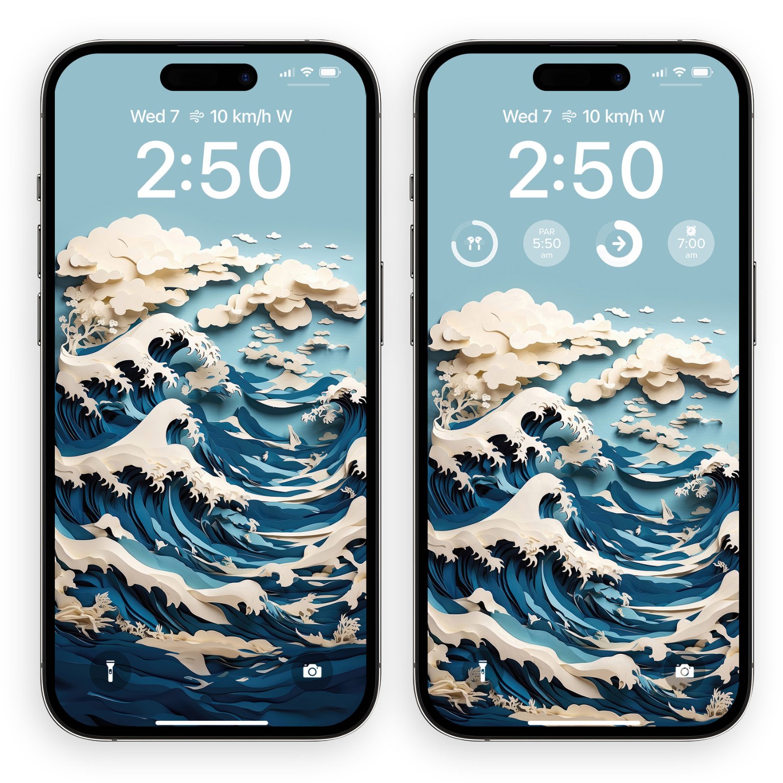 Two iPhone lock screens showing the papercraft Great Wave wallpaper with time and widget overlays against a pale background.