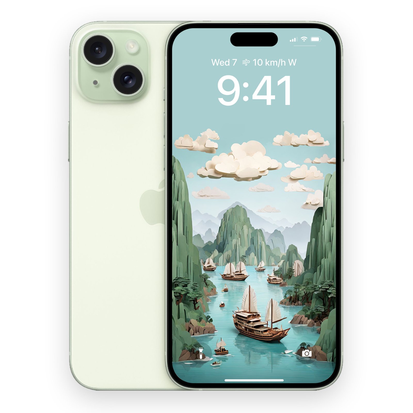 iPhone 15 in pale green held next to a close-up of the same Ha Long Bay papercraft wallpaper on its screen, showing the layered mountains, water, and boats in soft greens and turquoise tones.