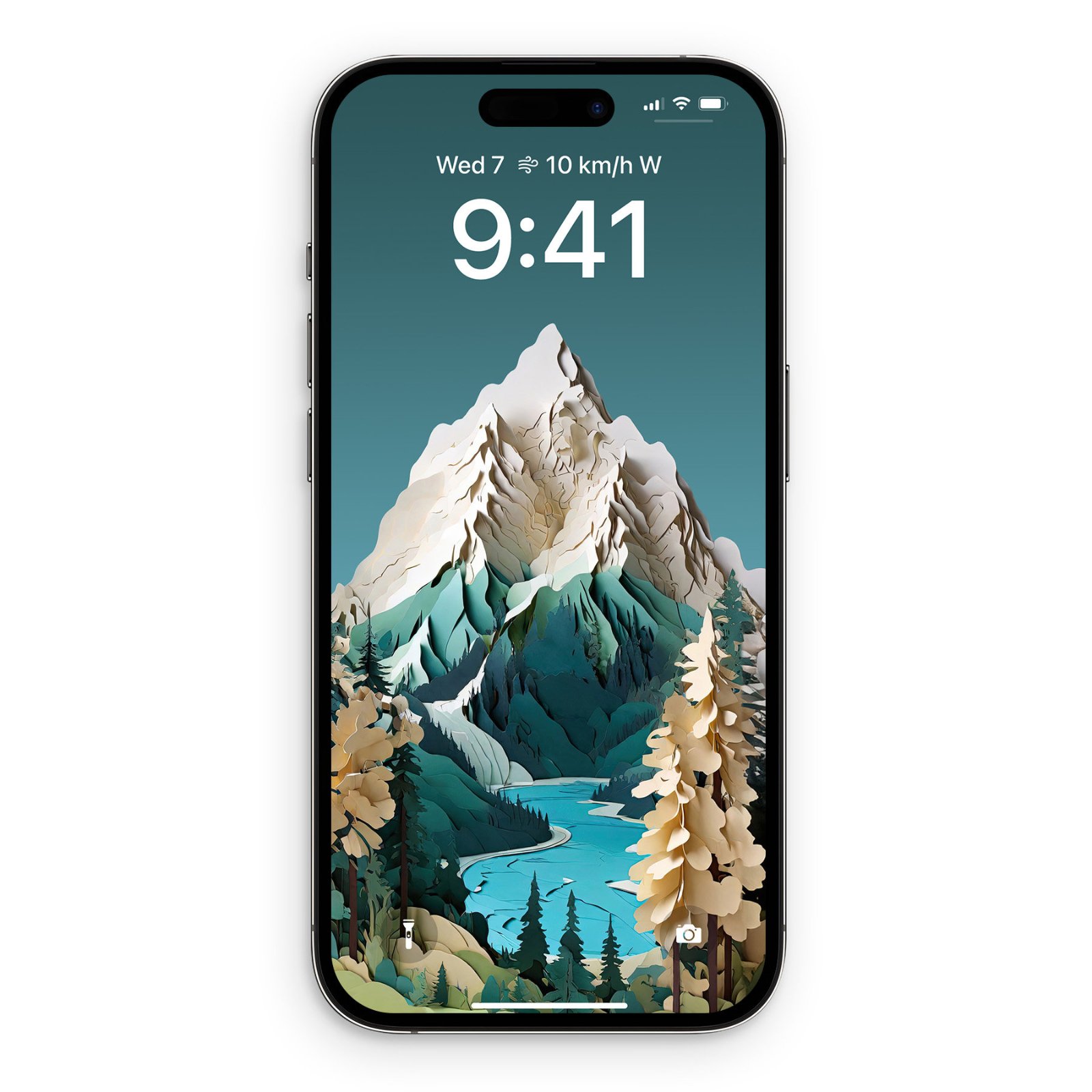 An iPhone displaying a papercraft wallpaper of Banff National Park featuring a snow-capped paper mountain, pine trees, and a blue glacial lake.