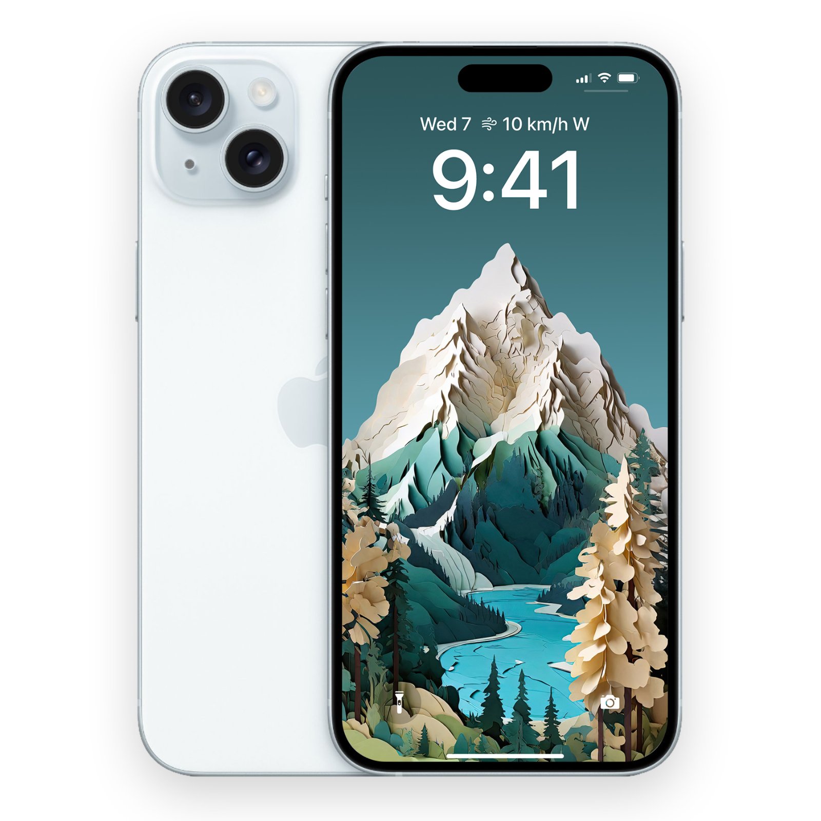 A white iPhone shown from the back next to an iPhone front screen displaying the Banff papercraft mountain wallpaper.