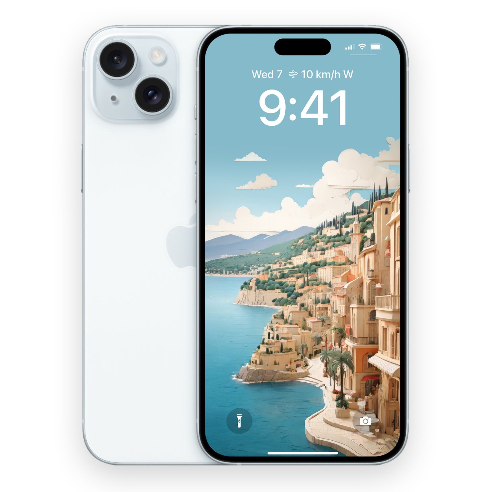 White iPhone 14 Pro shown from front and back angles, displaying the same French Riviera papercraft wallpaper on the lock screen with the time 9:41 visible.