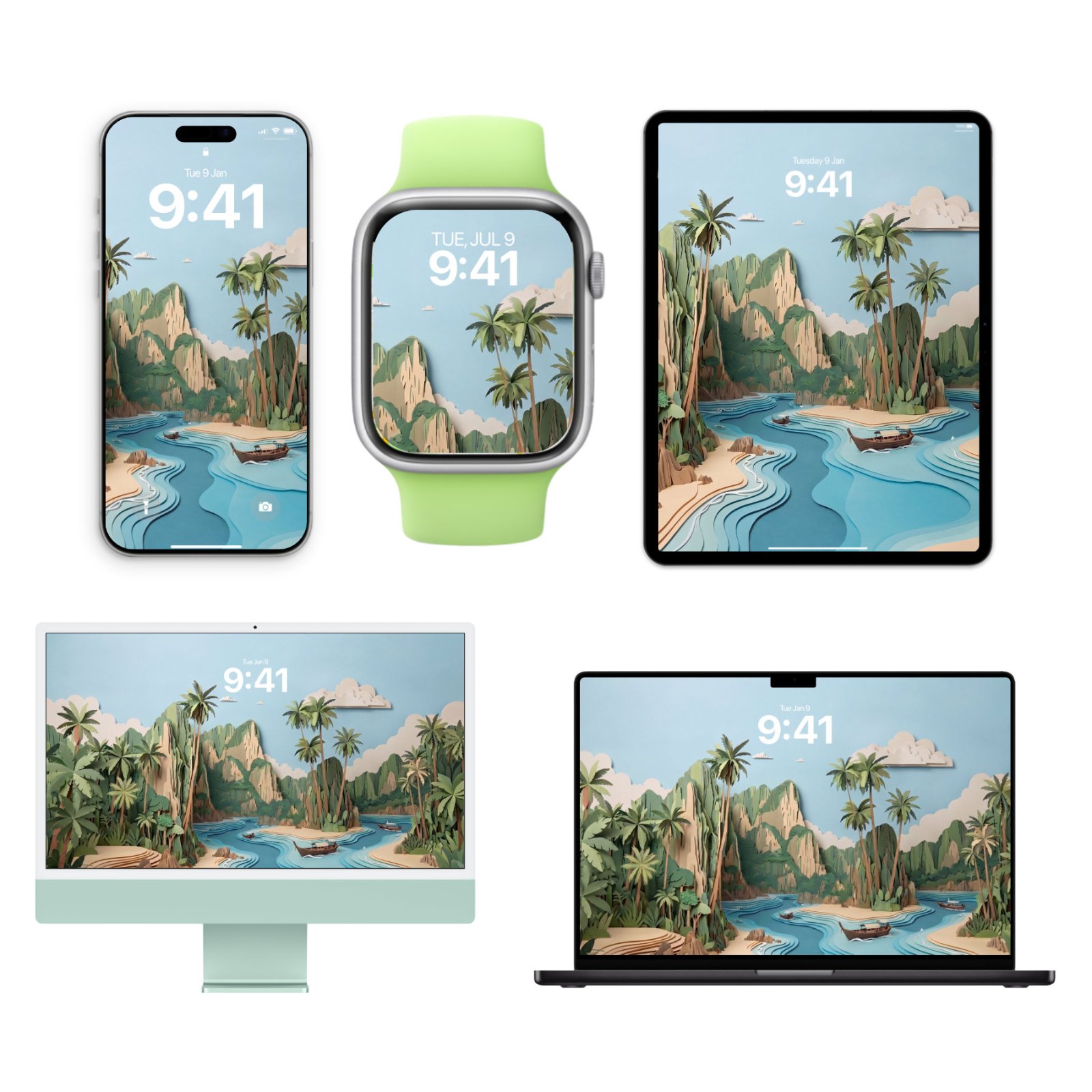 Five Apple devices including an iPhone, Apple Watch, iPad, iMac, and MacBook displaying a papercraft tropical bay wallpaper with palm trees and limestone cliffs.