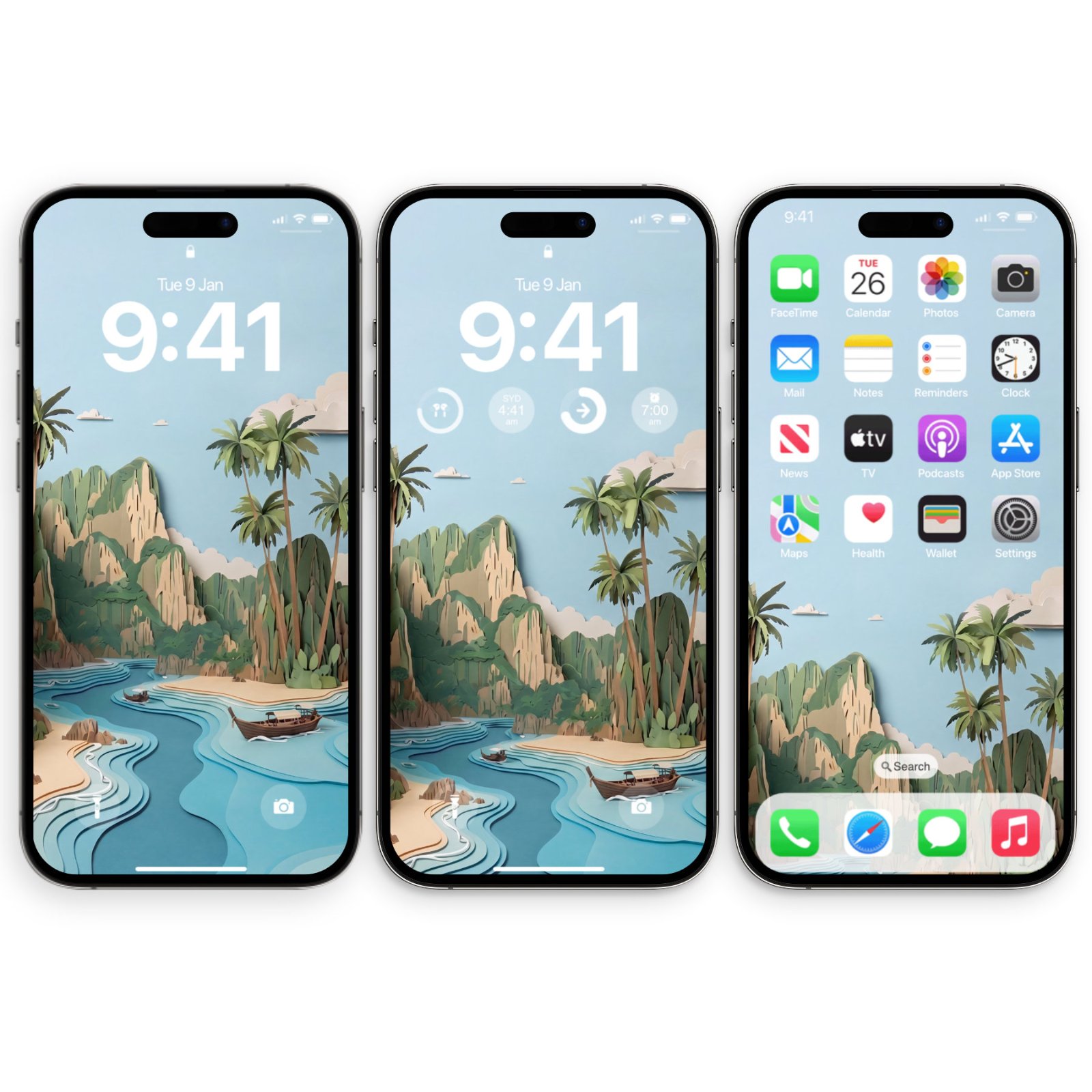 Three iPhones side by side displaying lock screens and home screen with a papercraft tropical island wallpaper.