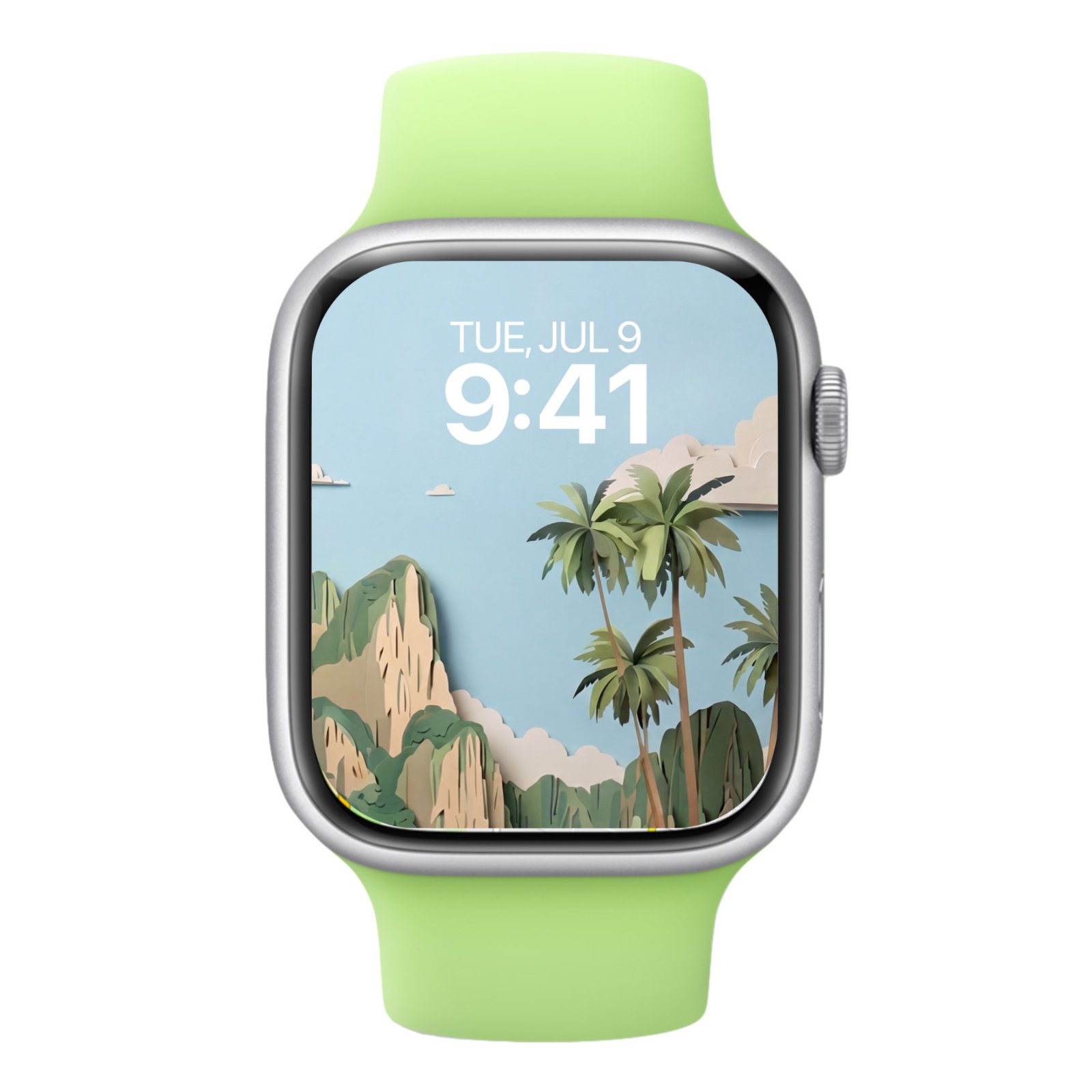 Apple Watch with light green band displaying a cropped view of papercraft palm trees and limestone cliffs.