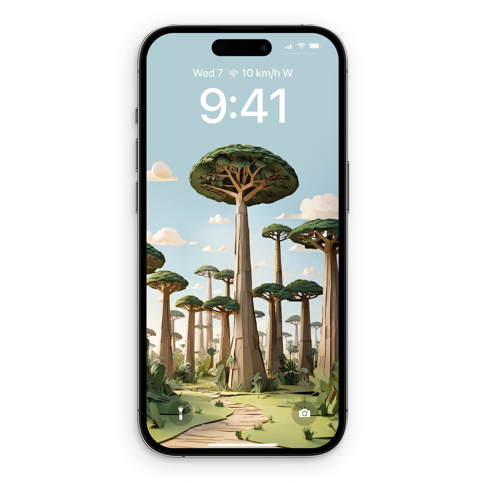 iPhone displaying a papercraft illustration of tall baobab trees with massive trunks in warm tan and ochre, smaller trees clustered below, soft green grass, and pale blue sky with cream clouds. Lock screen shows 9:41 and weather information.