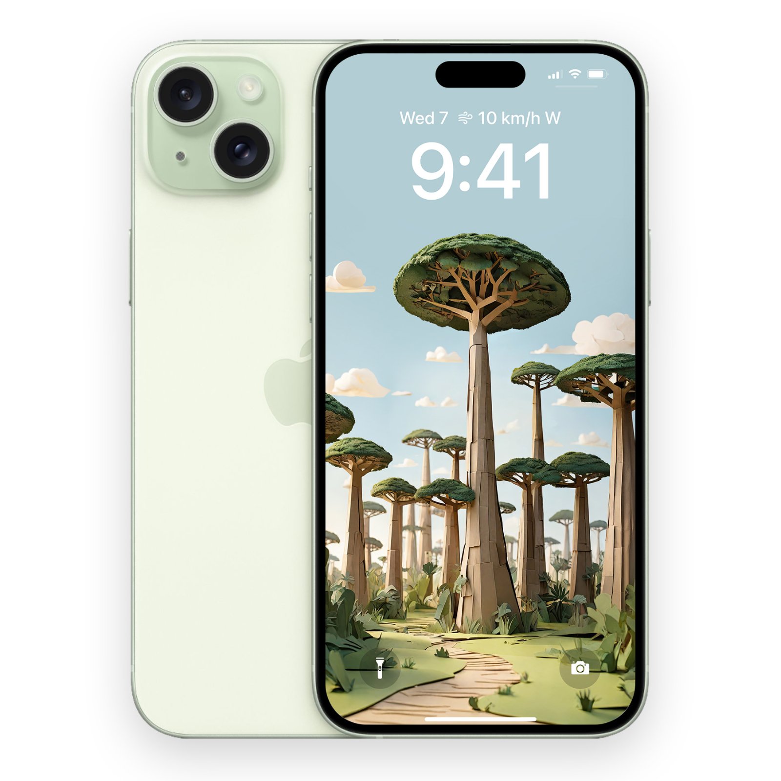 iPhone in pale green held next to a matching green case, both displaying the same baobab forest papercraft wallpaper on the phone's lock screen.