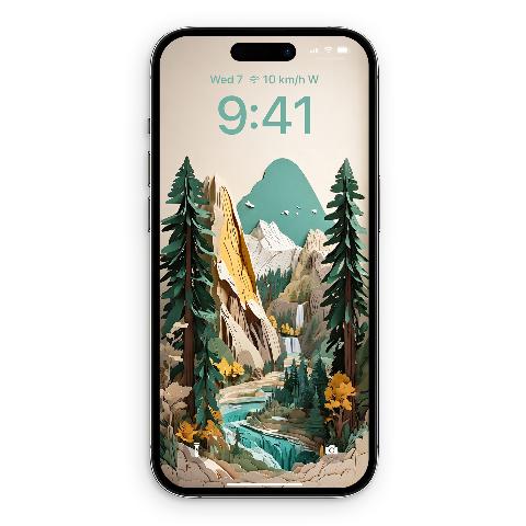 An iPhone mockup displaying a papercraft illustration of Yosemite Valley with golden granite cliffs, pine trees, and a turquoise river.
