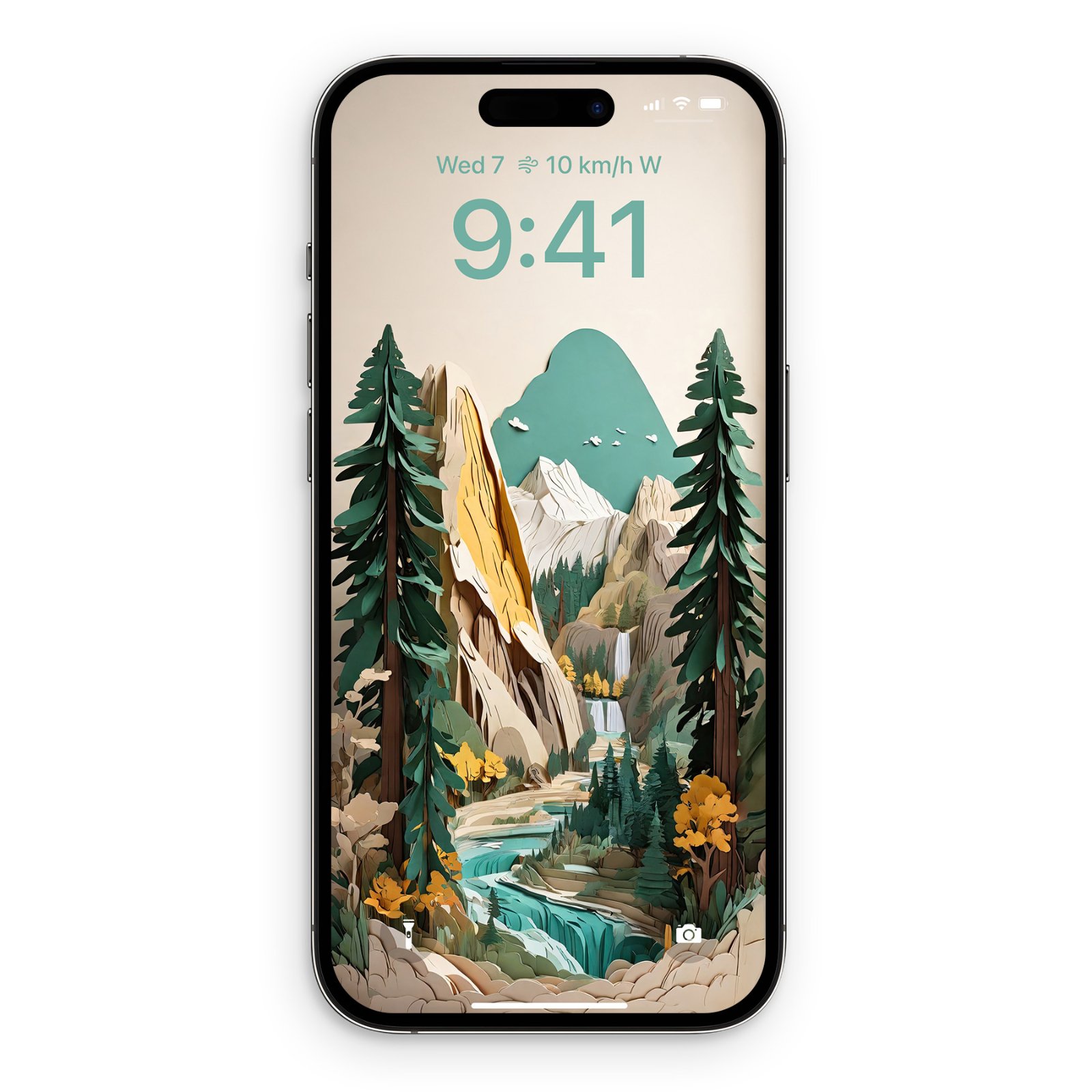 An iPhone mockup displaying a papercraft illustration of Yosemite Valley with golden granite cliffs, pine trees, and a turquoise river.