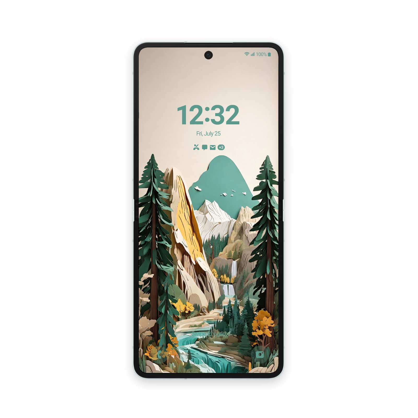An Android phone mockup showcasing a cut-paper artwork of Yosemite National Park with pine forests and mountain peaks.