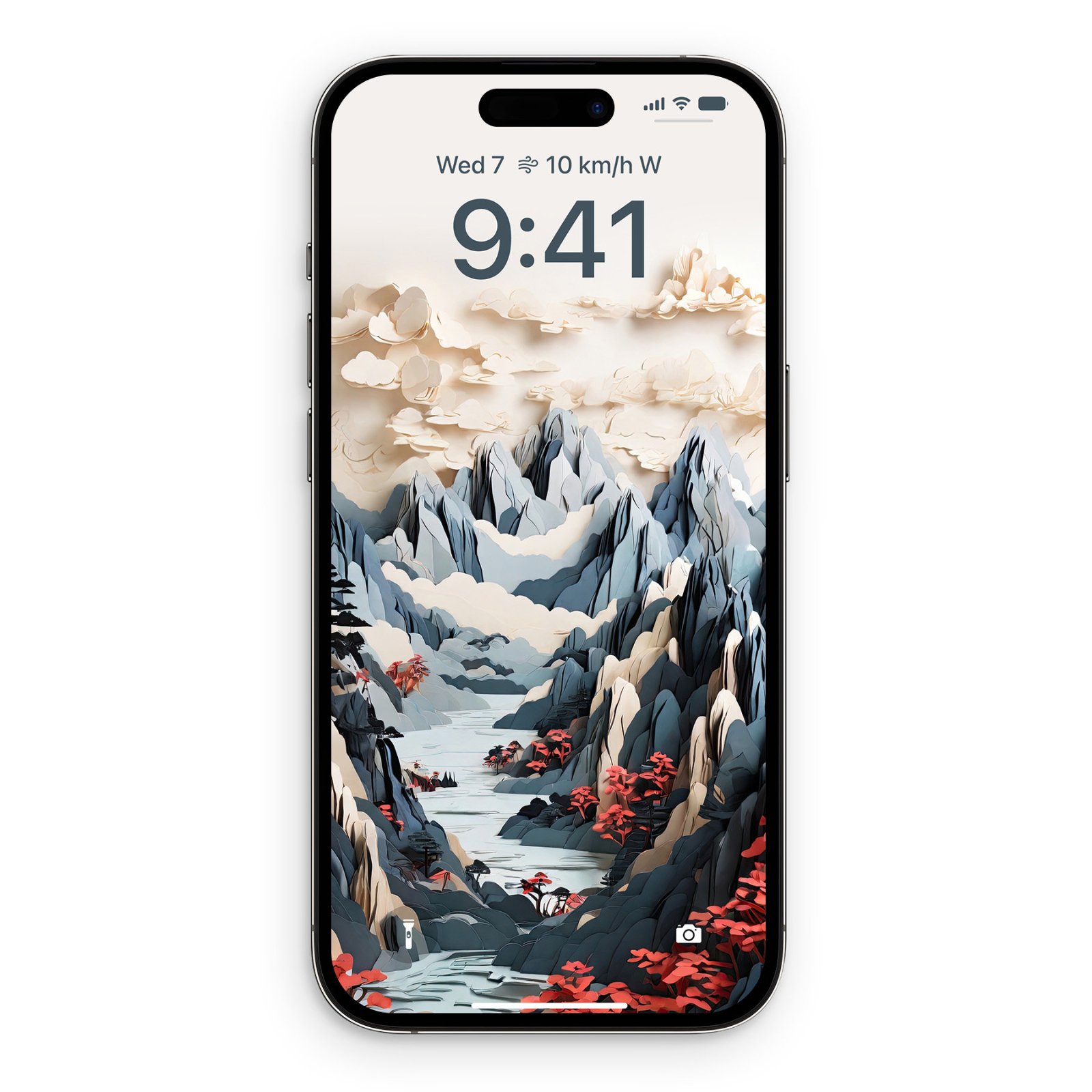 iPhone lock screen displaying a multi-layered papercraft mountain scene with jagged gray and white peaks, a blue stream running through the center, crimson red foliage in the foreground, and cream-colored clouds across the top portion of the composition.