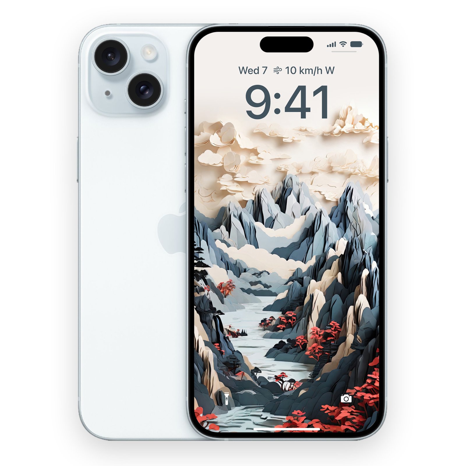 iPhone back and front view side by side, with the back showing a white finish and the front displaying the same papercraft mountain valley wallpaper with layered peaks, flowing water, and red vegetation.