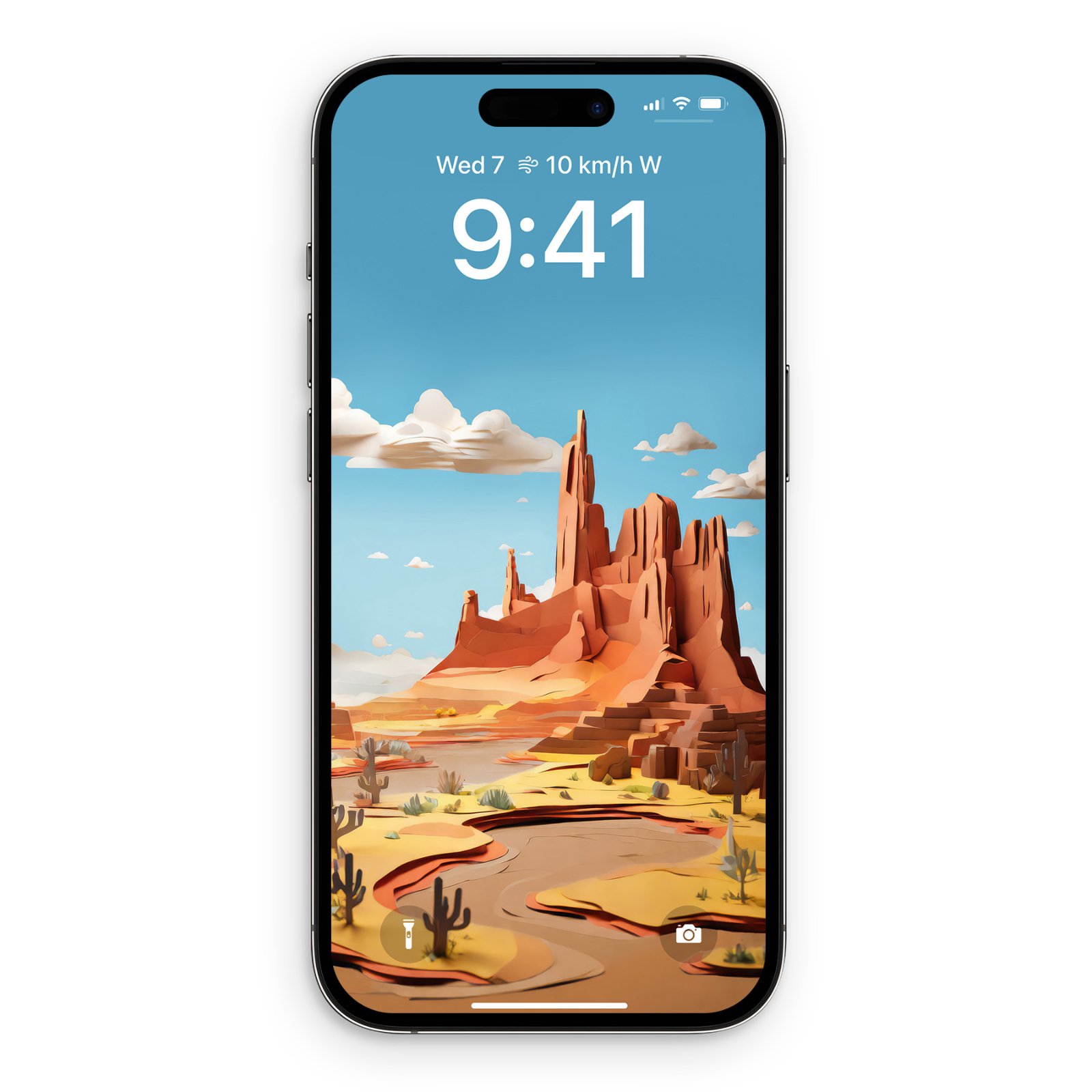 An iPhone screen displaying a papercraft style Arizona desert artwork featuring terracotta sandstone rock formations, saguaro cacti, and a blue sky with white paper clouds.