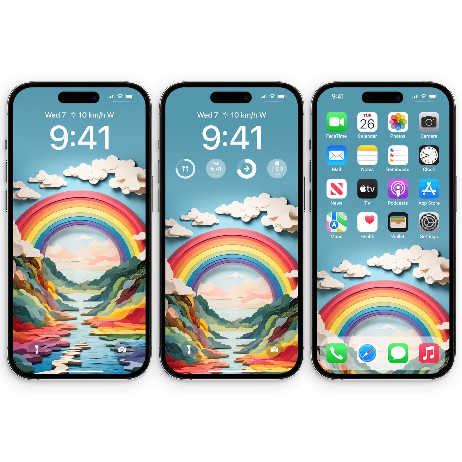 Three iPhone mockups side by side displaying a rainbow paper art wallpaper with layered papercraft mountains and clouds against a blue sky.
