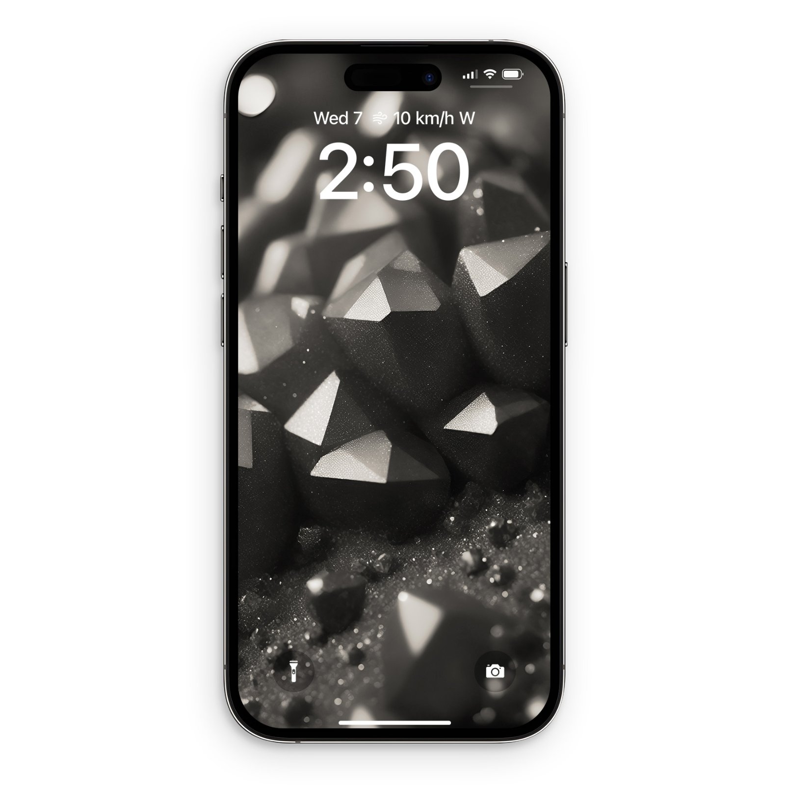 iPhone lock screen displaying floating silver polyhedra and geometric shapes suspended in deep charcoal with glowing particles scattered below, time reads 2:50.