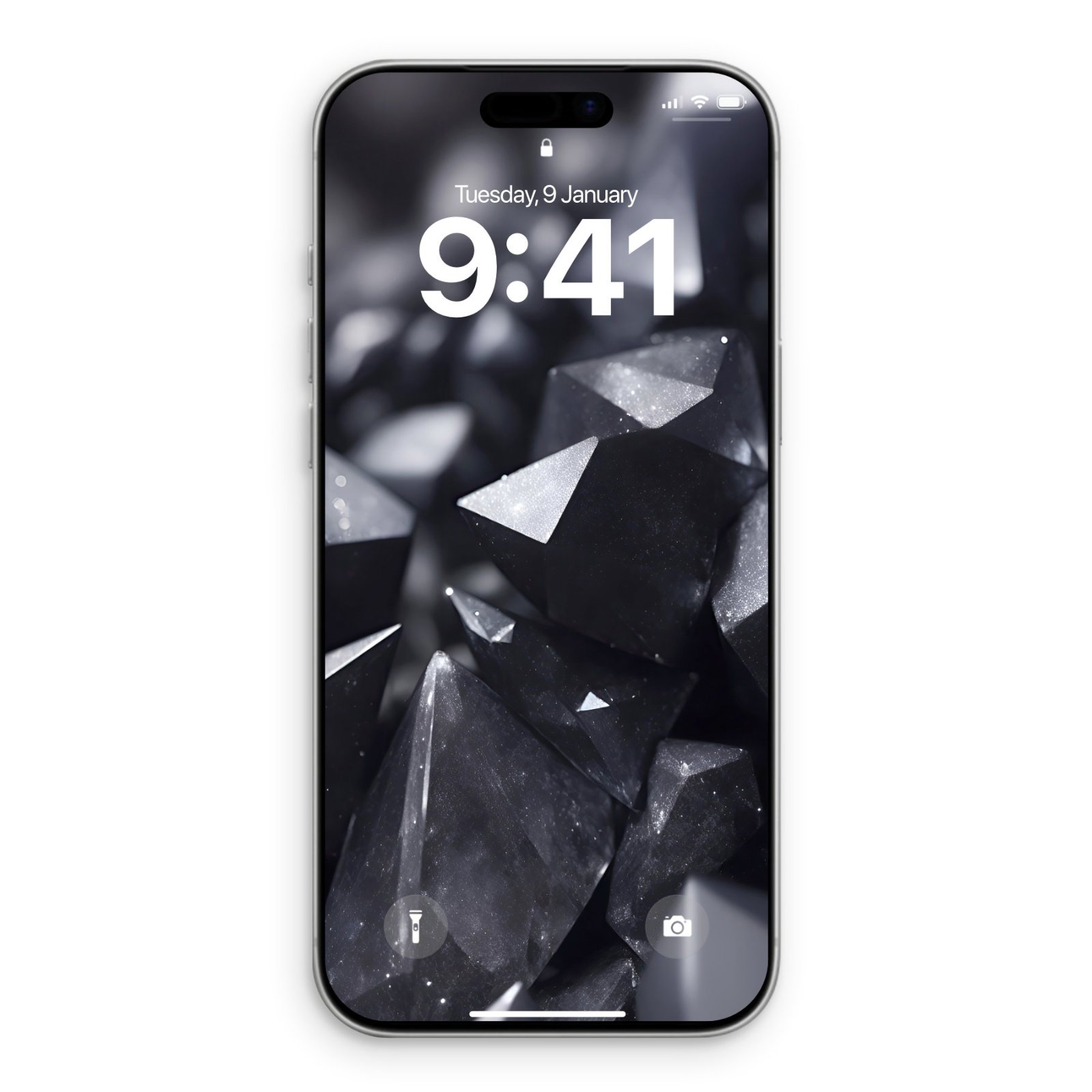 iPhone displaying a lock screen with sharp white triangular shapes and fractured geometric planes scattered across a deep charcoal background, creating a three-dimensional crystalline effect.