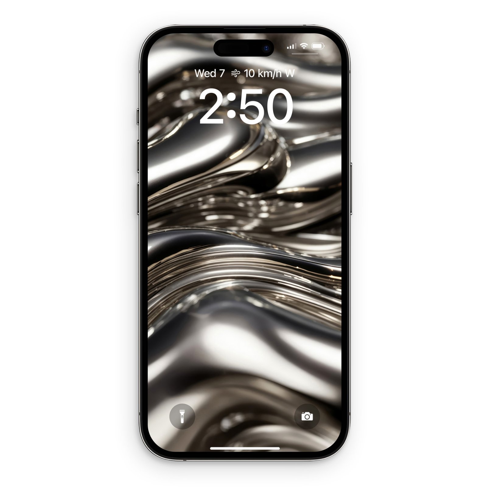iPhone lock screen displaying flowing molten silver ribbons and liquid metal forms in monochrome, with highlights catching light against a charcoal background.