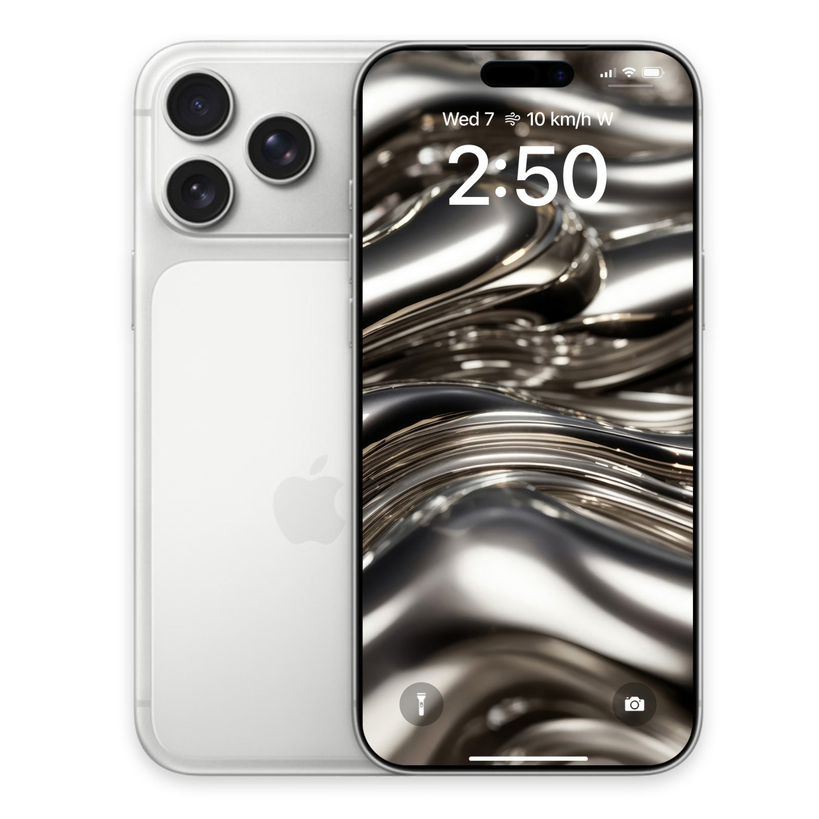 iPhone 14 in white, displayed at an angle showing the flowing silver metallic abstract design on the lock screen.