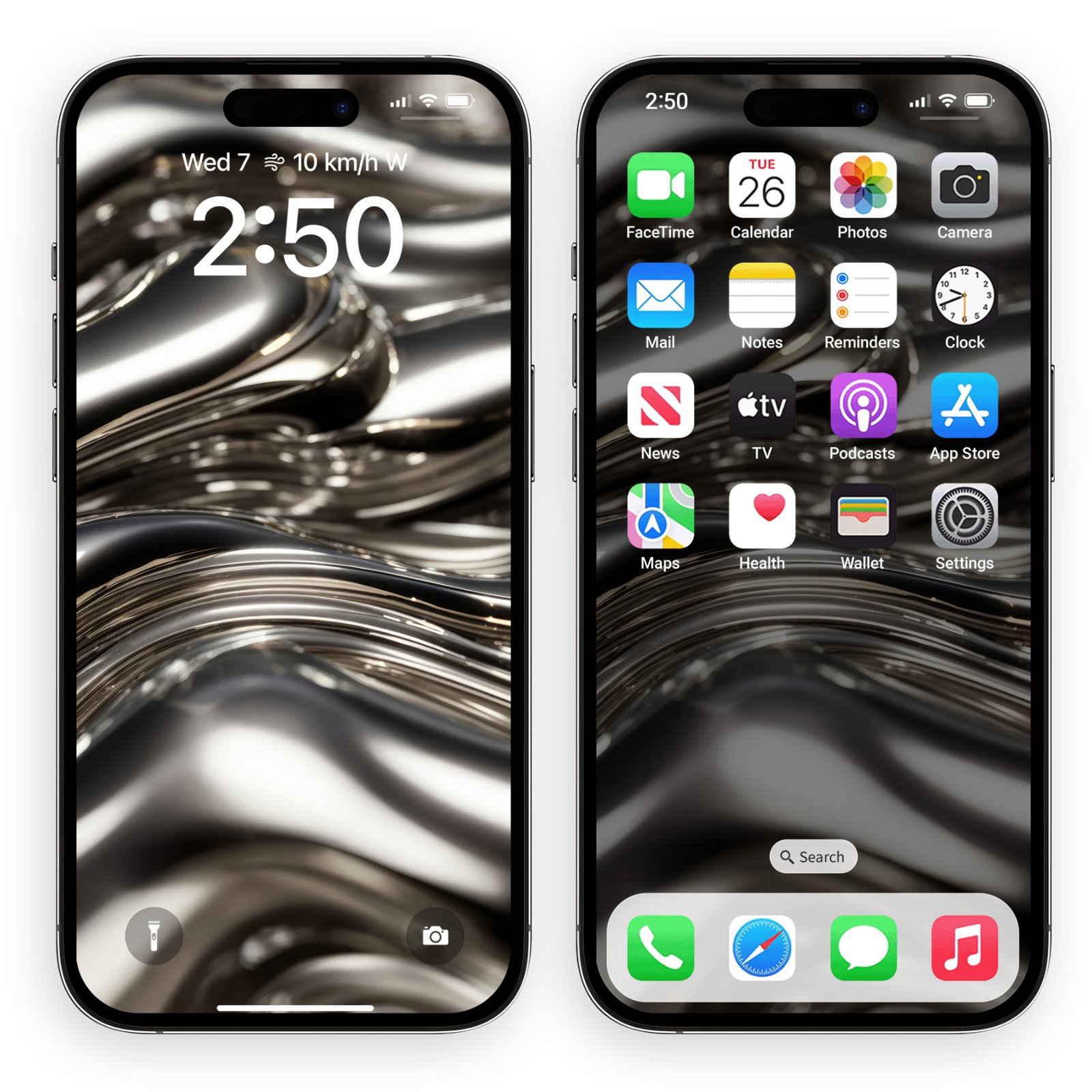 Two iPhones positioned side by side: one showing the lock screen with the liquid metal design, the other displaying the home screen with app icons over the same metallic background.