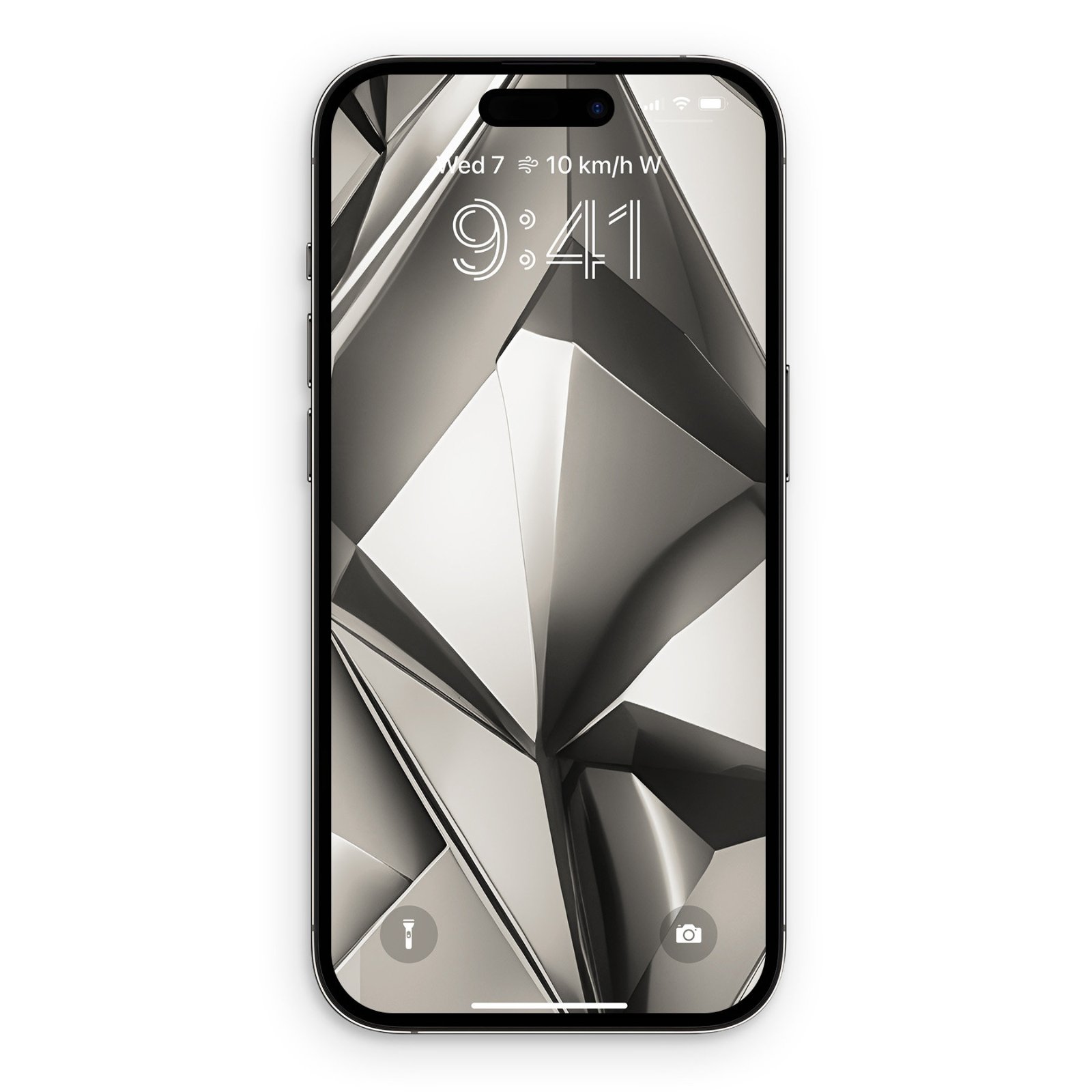 Front view of an iPhone displaying a monochrome geometric folded origami wallpaper on its lock screen.