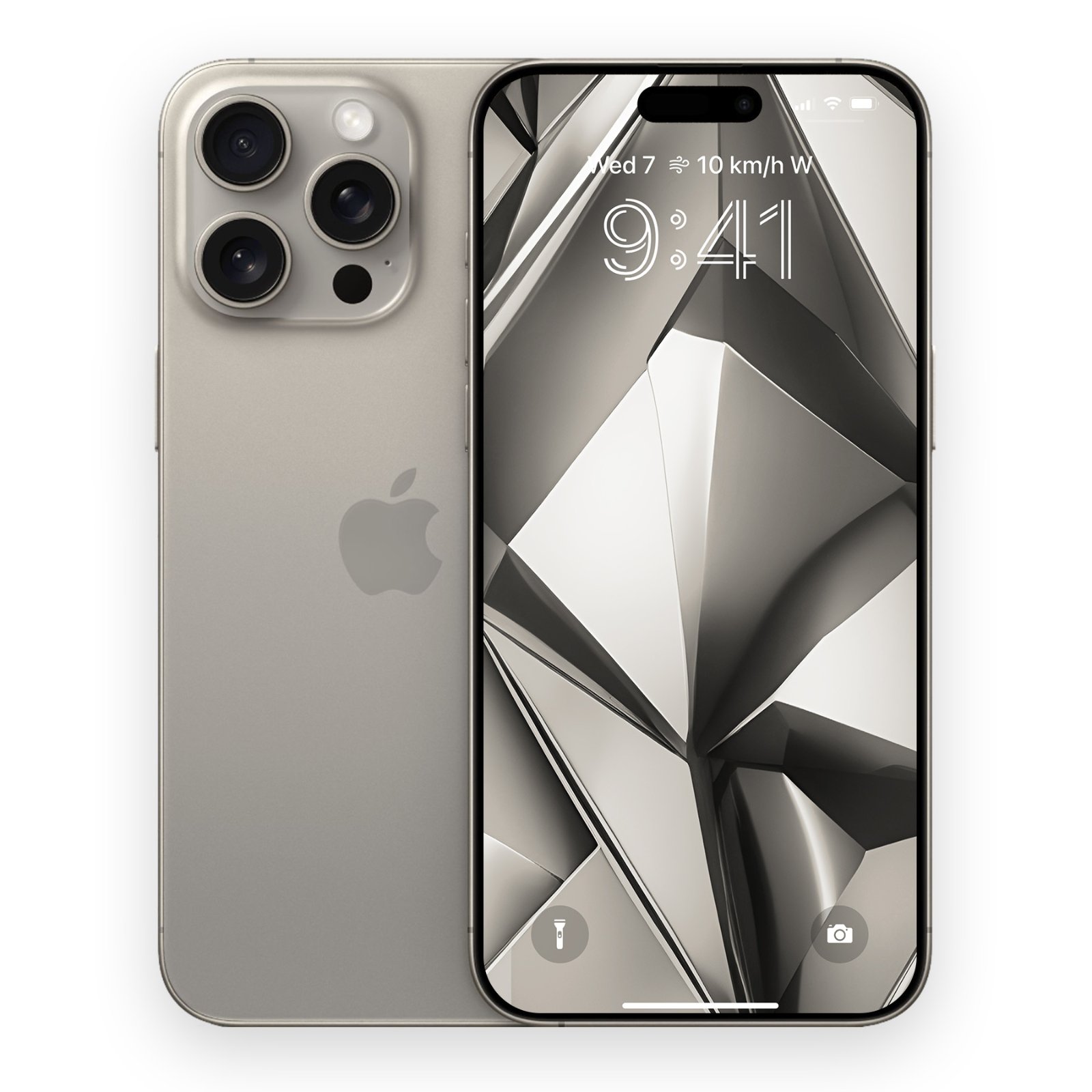 Silver iPhone shown from back and front, displaying a sharp monochrome geometric folded wallpaper on the lock screen.