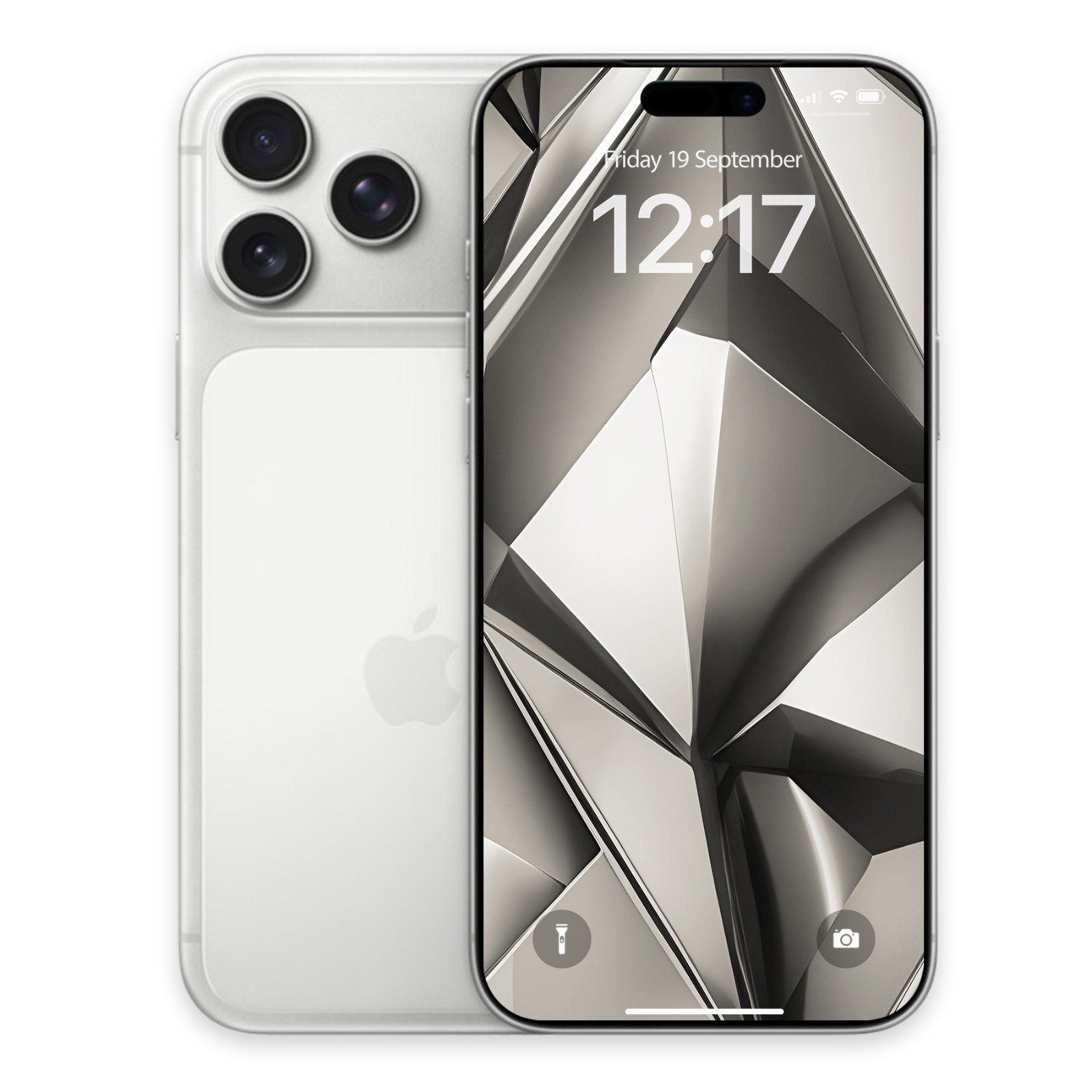 White iPhone shown from back and front, displaying an abstract folded paper design wallpaper on the lock screen.