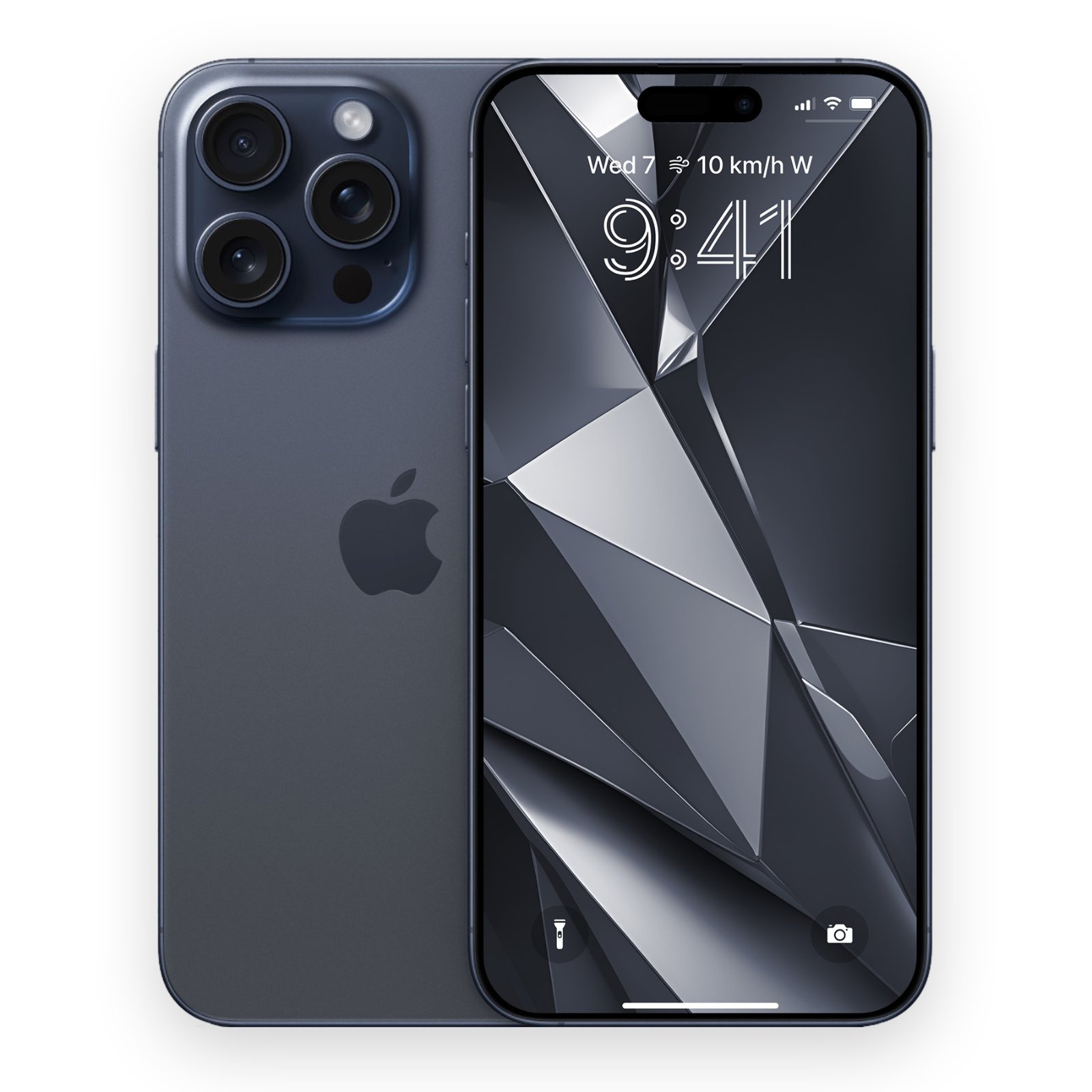 Front and back view of a blue titanium iPhone displaying a dark metallic geometric faceted wallpaper on its lock screen.