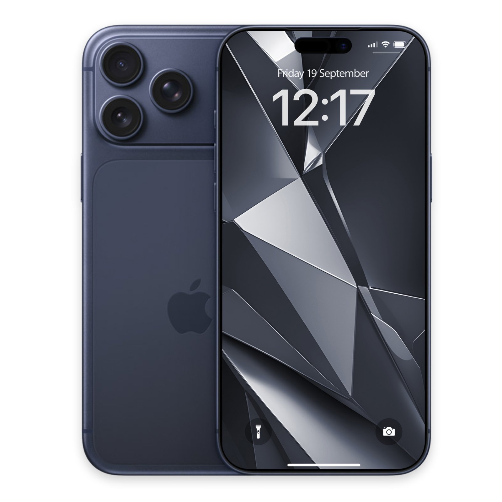 Dark blue titanium iPhone model showing a low-poly metallic geometric background on the display.